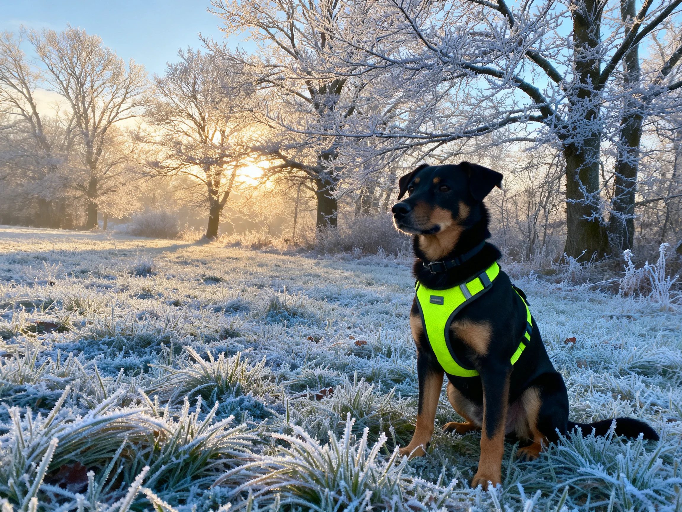 A dog in a neon yellow harness sits among frost-covered grass and trees