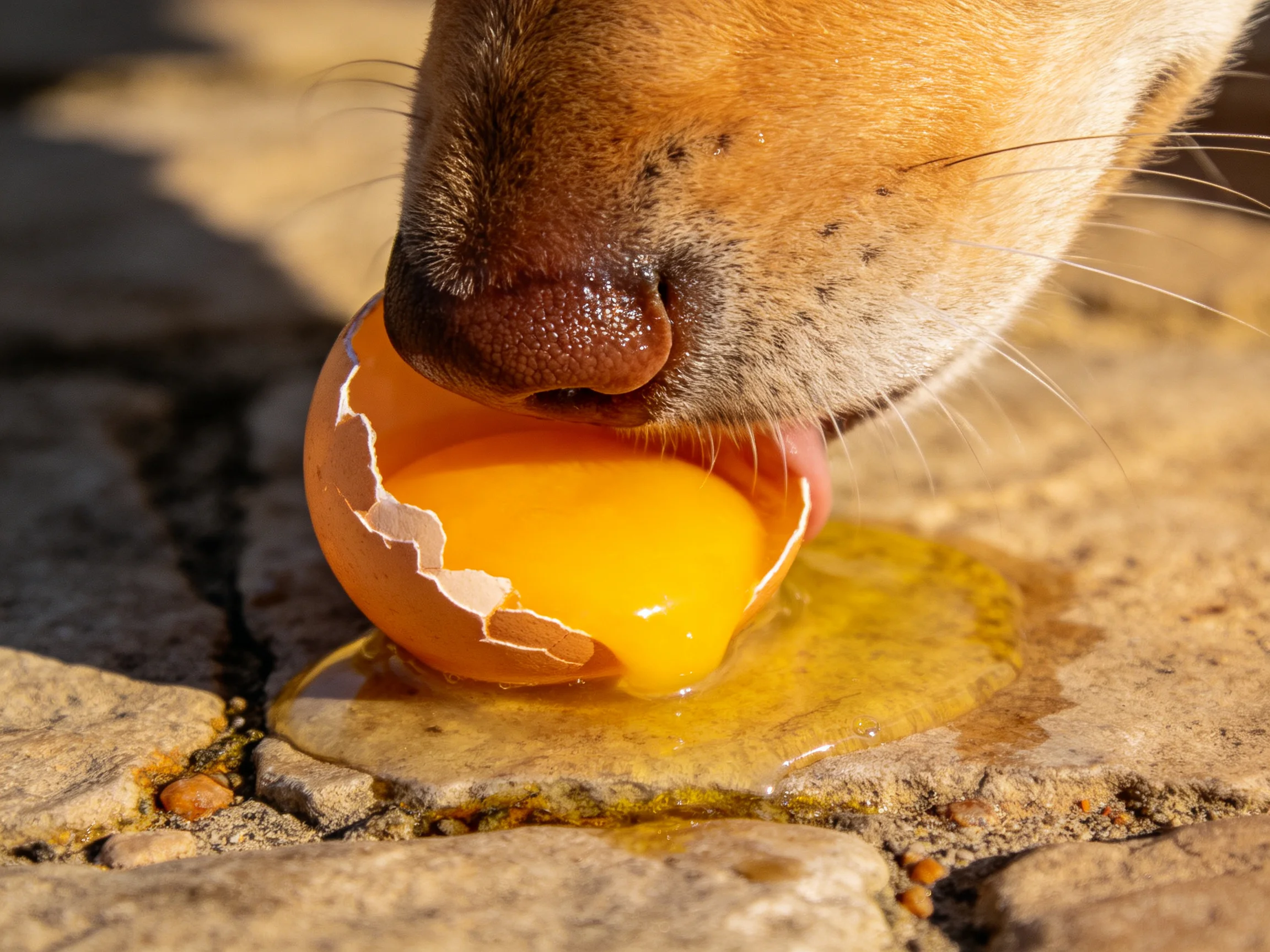 A dog licks a cracked brown egg’s bright yellow yolk on a stone pavement