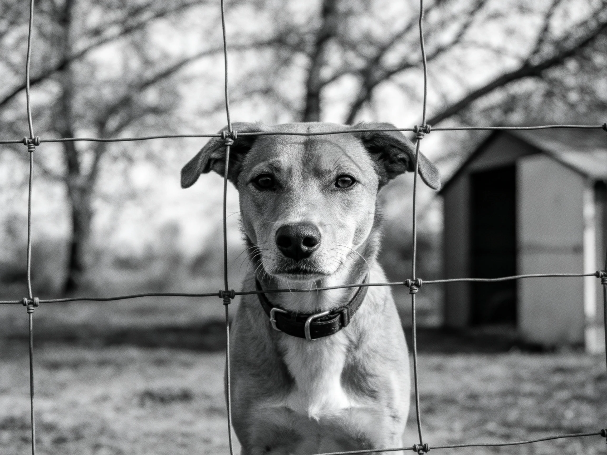 A dog looks through a wire fence near a small outbuilding