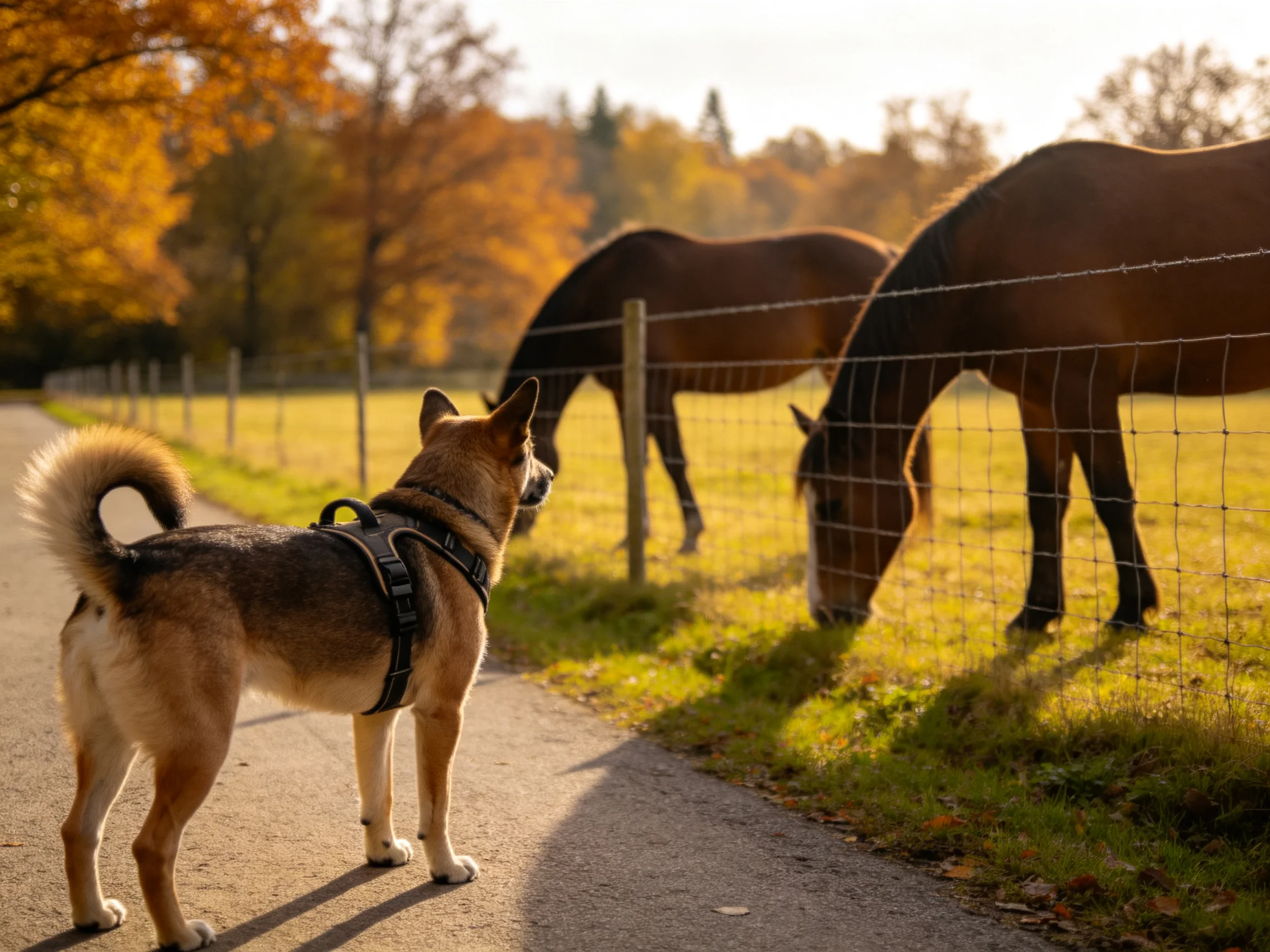 A dog watches two brown horses graze beside a fence in a sunlit area.