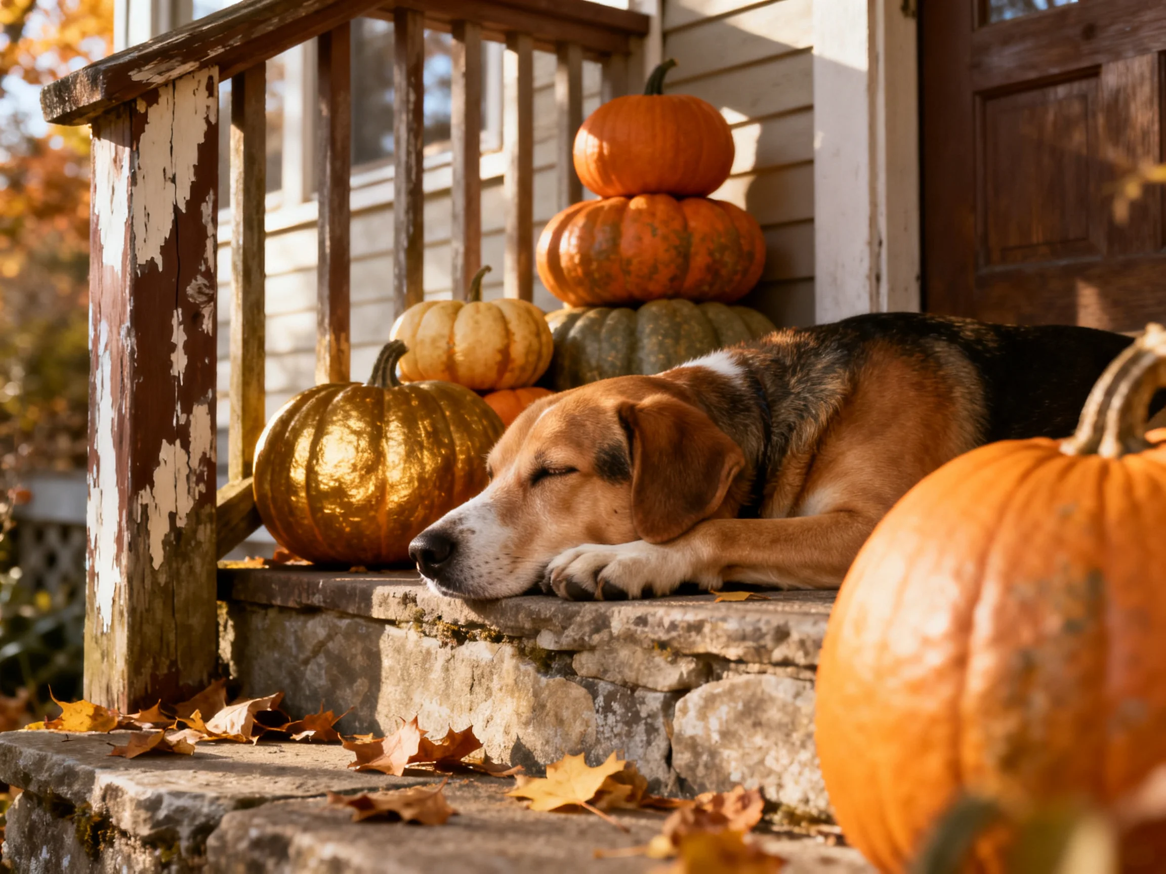 A dog rests amid colorful stacked pumpkins on a stone porch