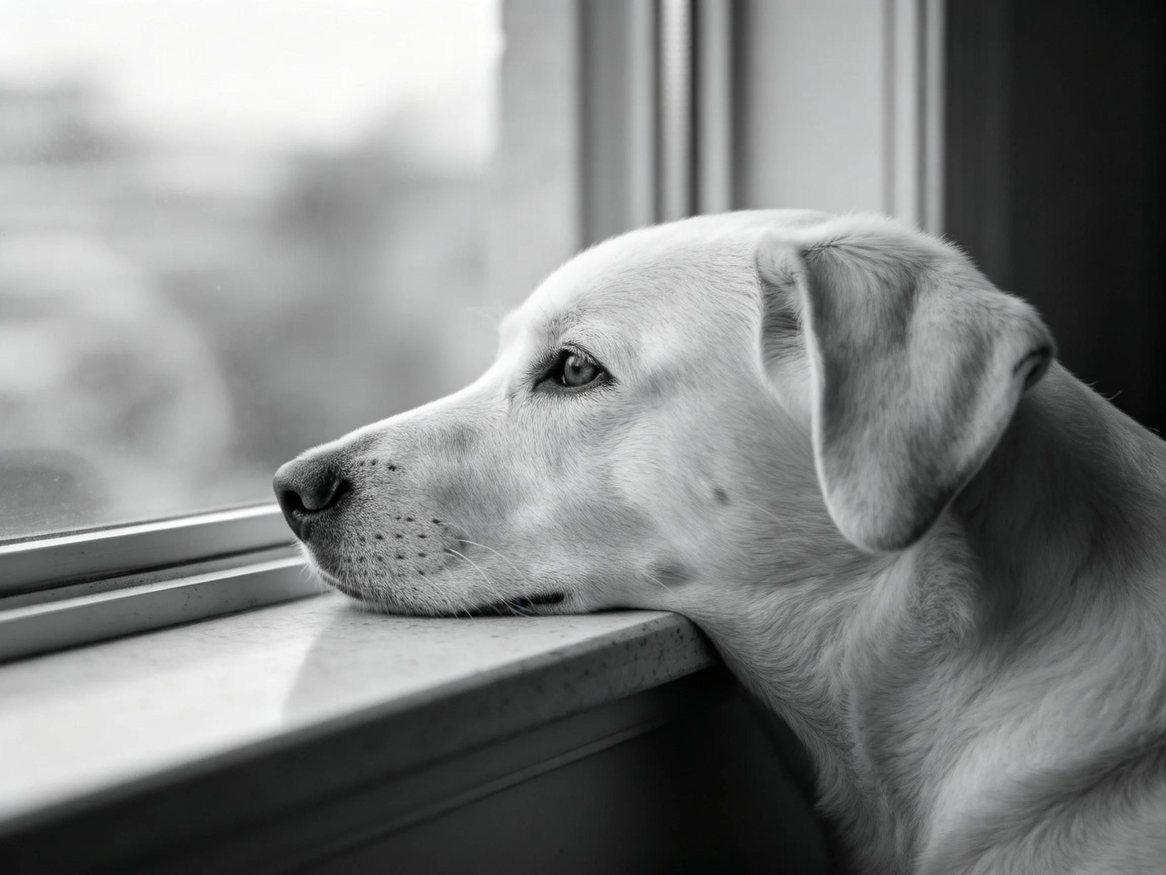 A dog rests its head on a windowsill in black-and-white
