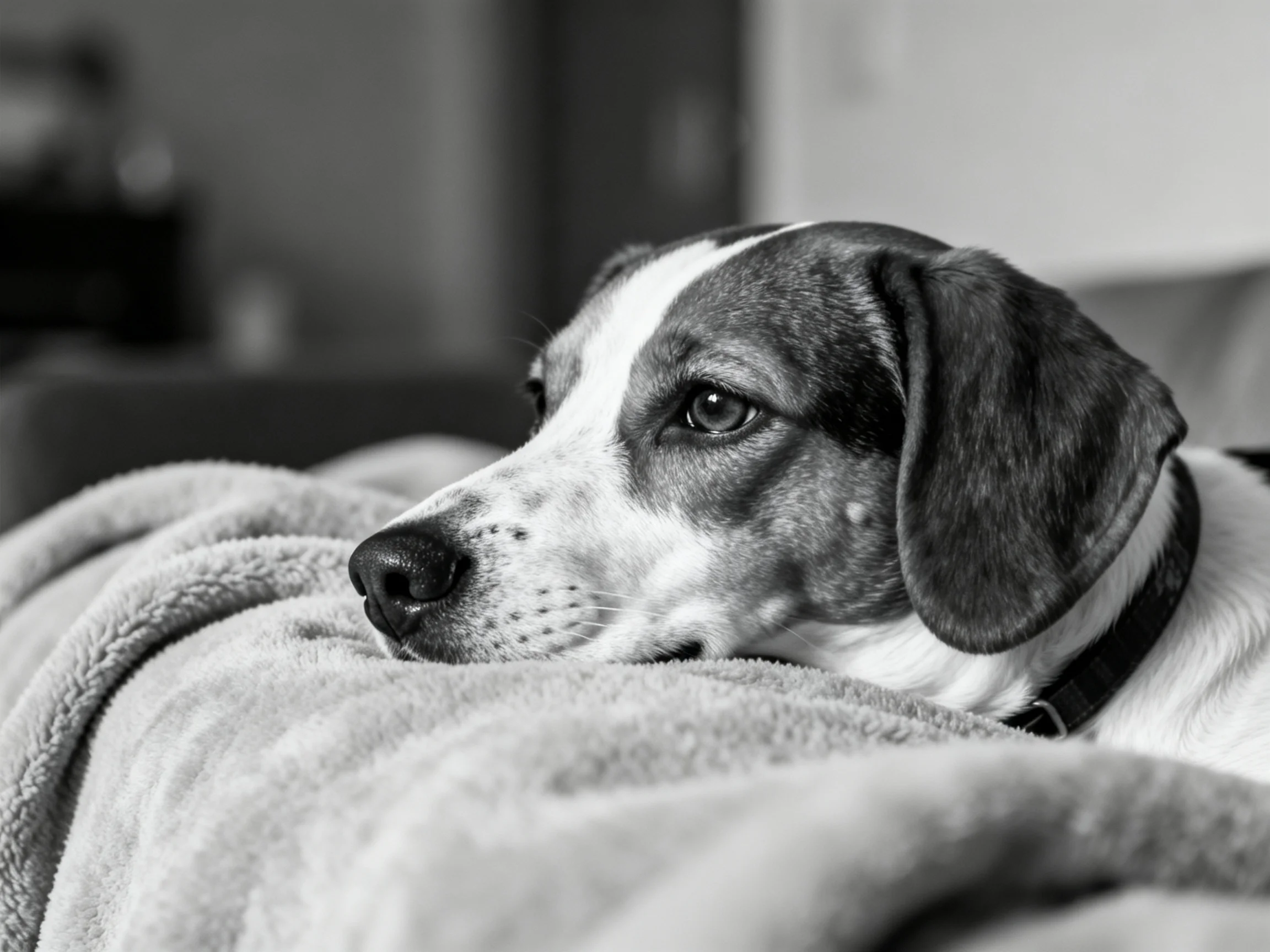 A dog rests on a soft blanket in a monochrome photograph