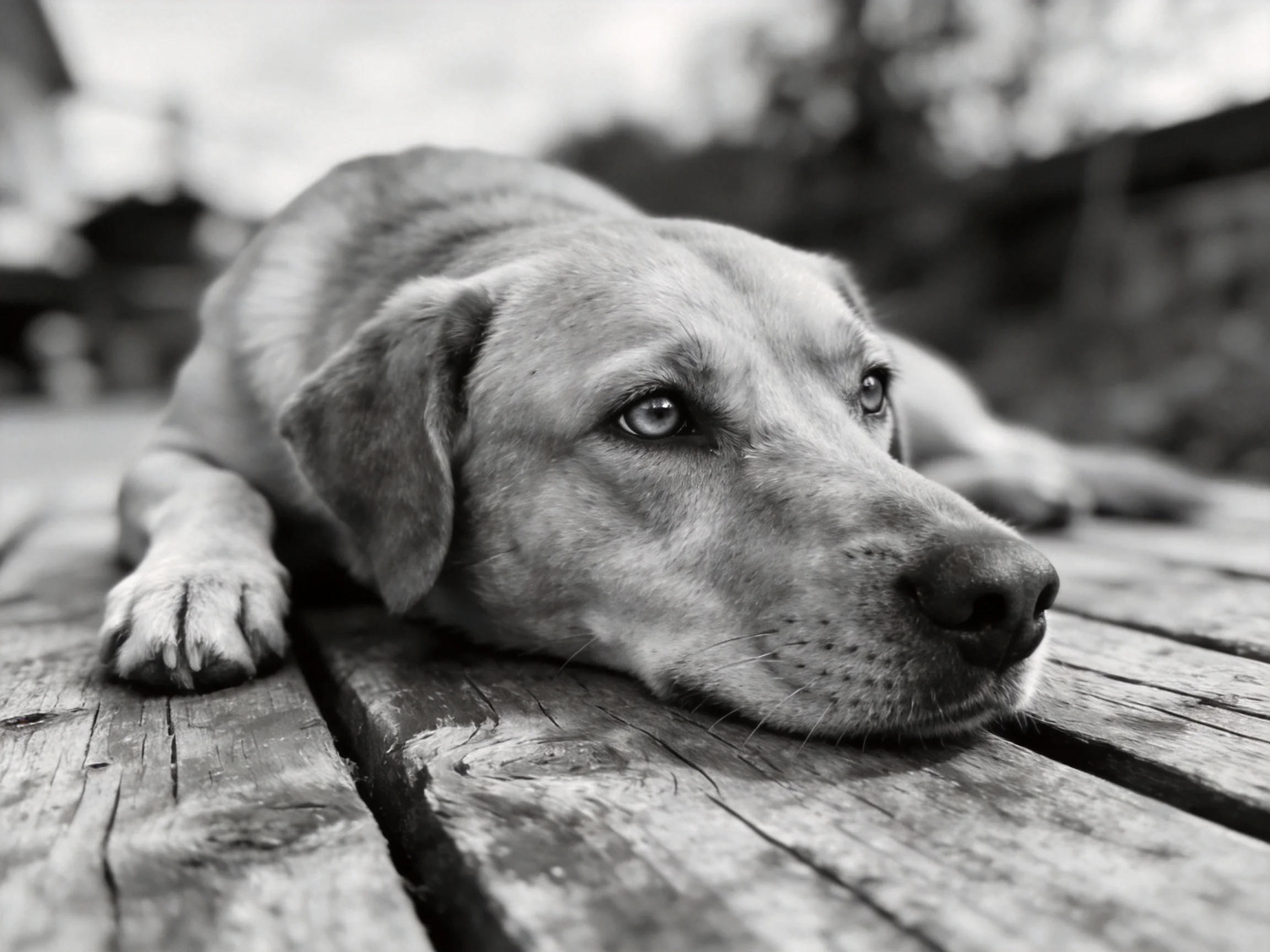 A dog rests on weathered wooden planks with a blurred outdoor background