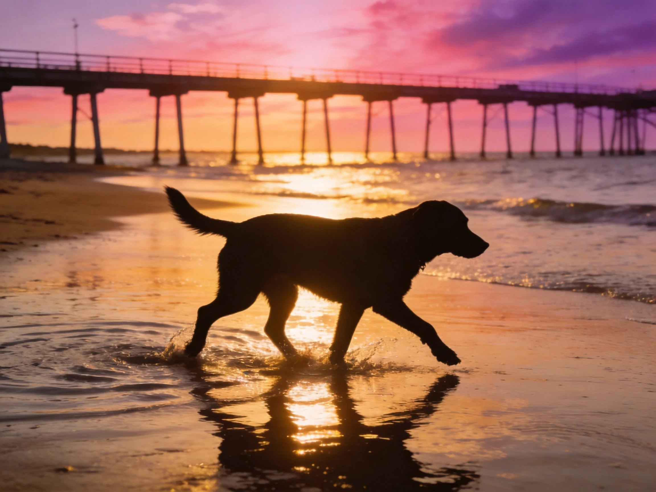 A dog runs along the shore at sunset near a pier