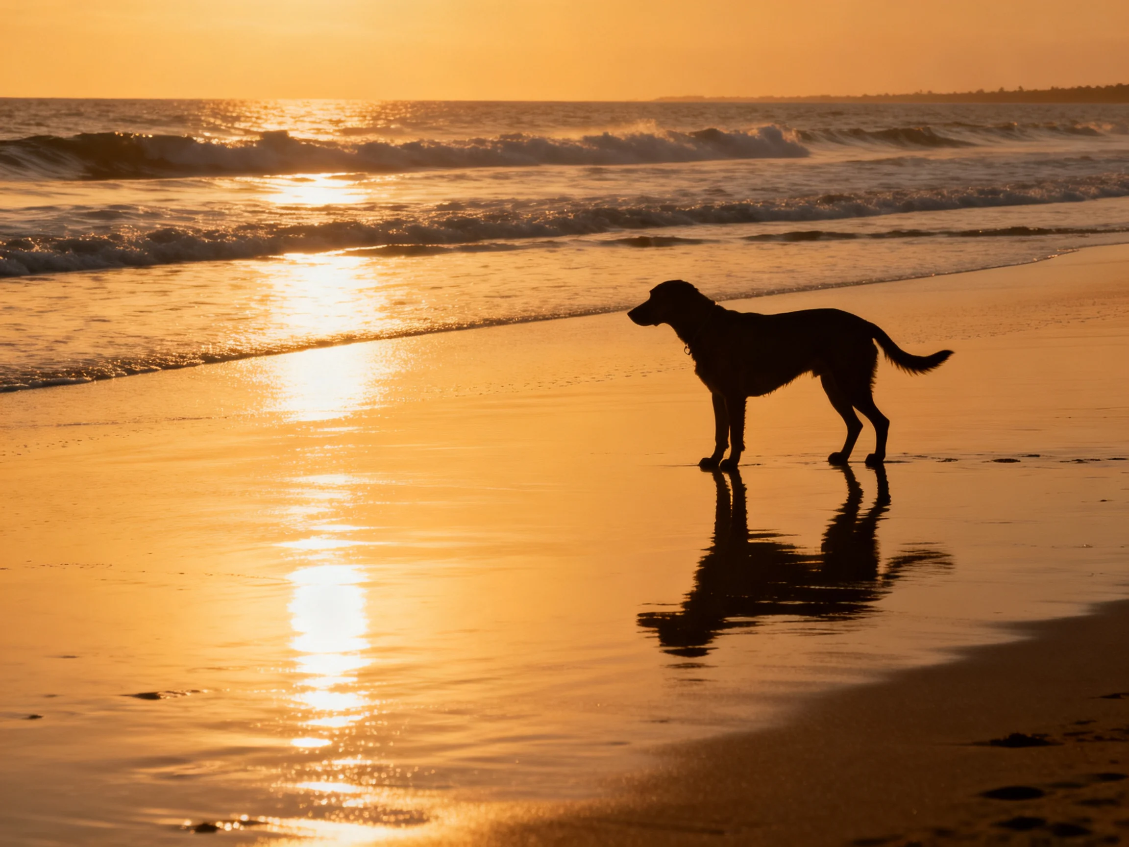 A dog stands on wet sandy shore during golden sunset near ocean waves.