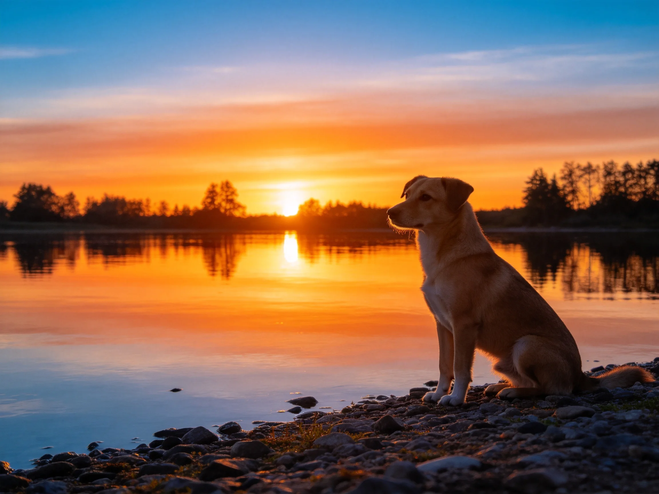 A dog sits by a lake reflecting a colorful sunset.