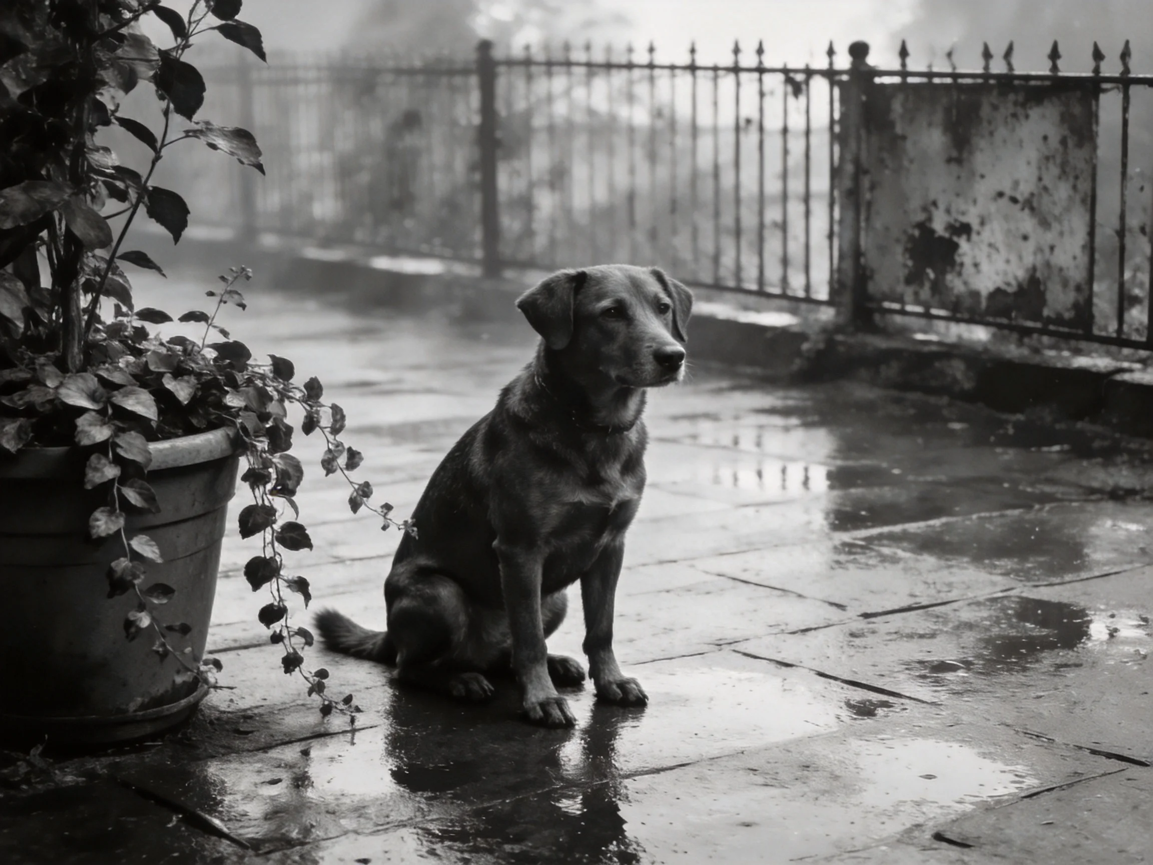 A dog sits calmly on wet pavement next to a potted plant during rain.