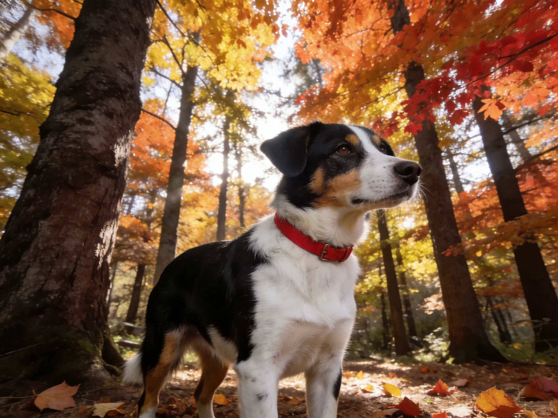 A dog stands amid vibrant fall foliage in a sunlit forest