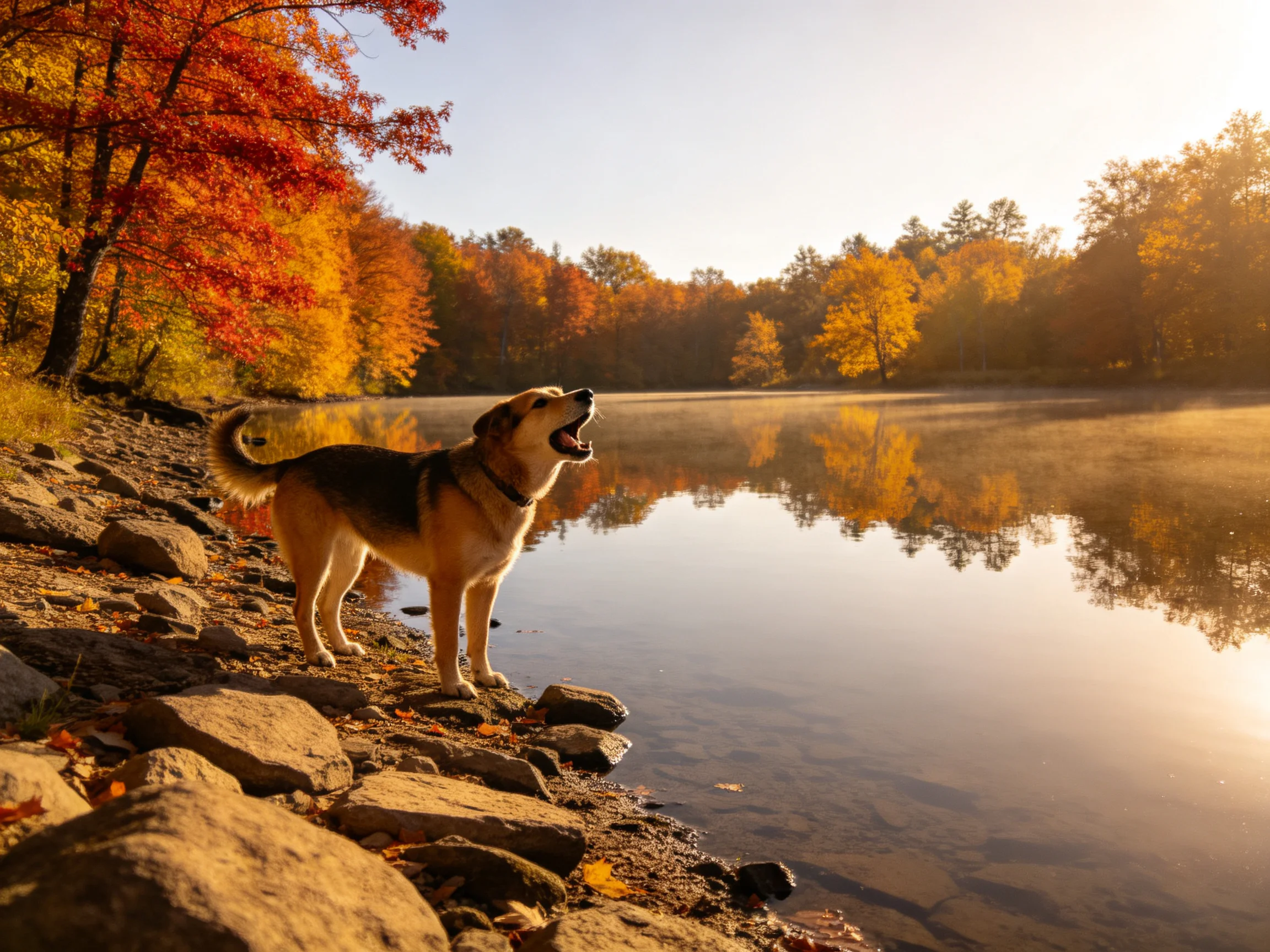 A dog stands near a calm autumn lake with vibrant fall trees.