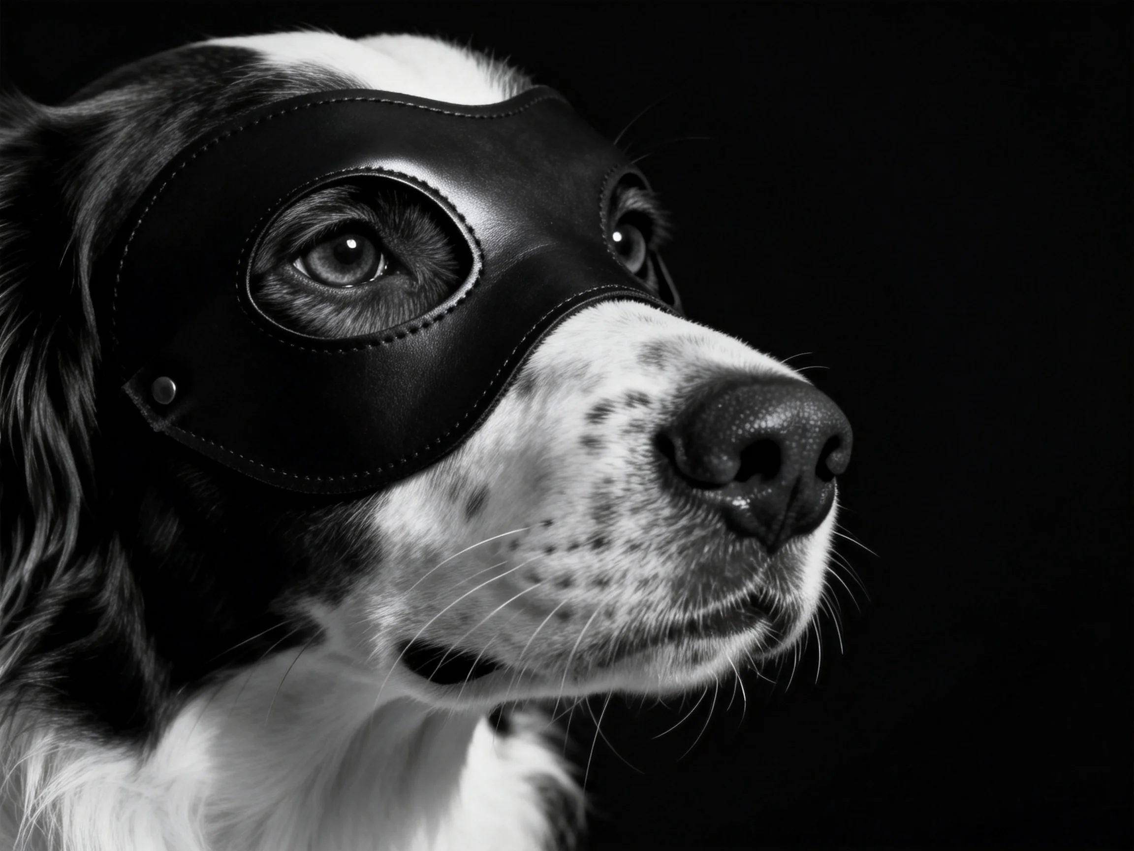 A dog wearing a black leather mask with speckled fur against a dark background