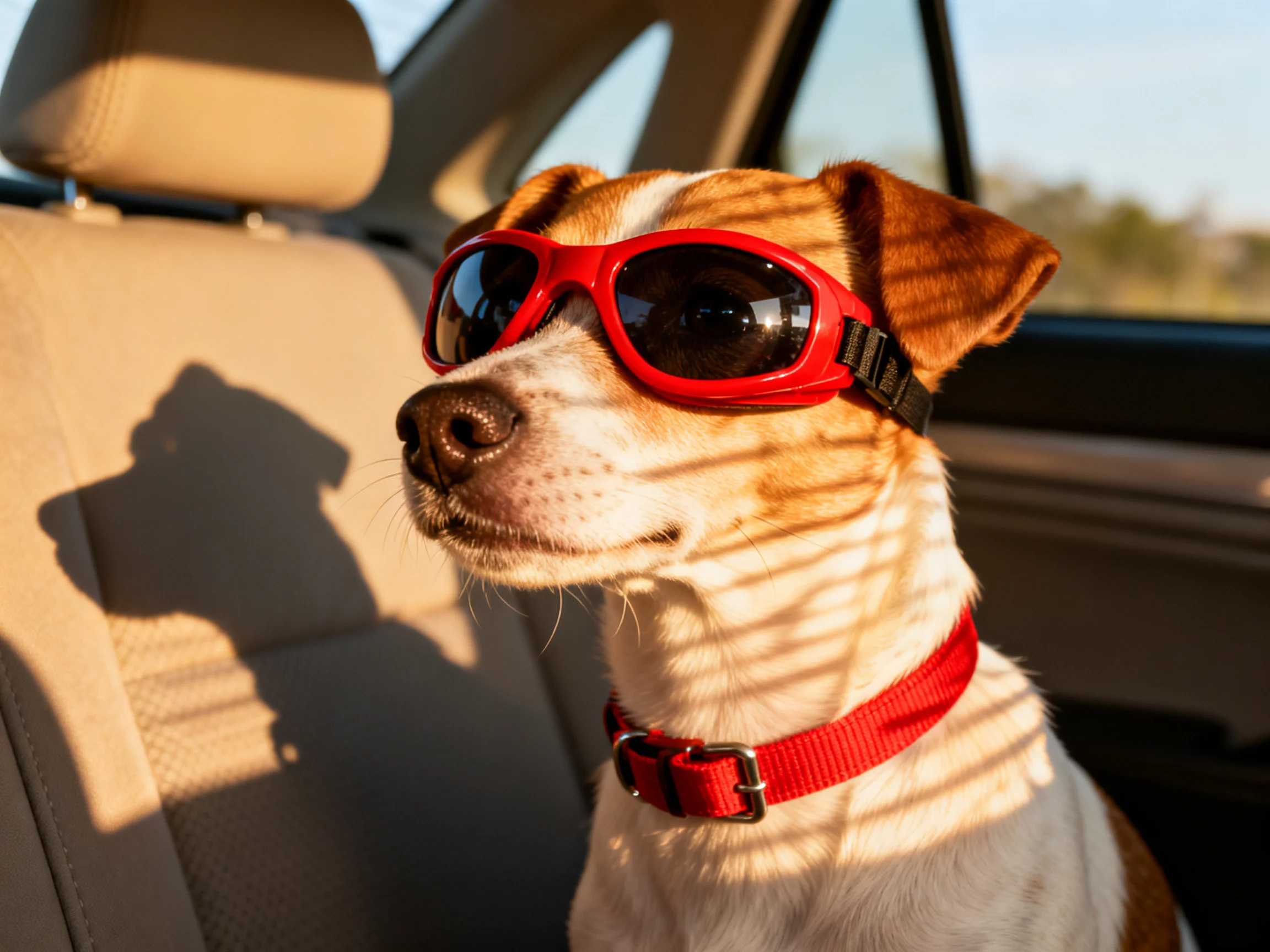 A dog wearing red goggles relaxes in a car seat during daylight.