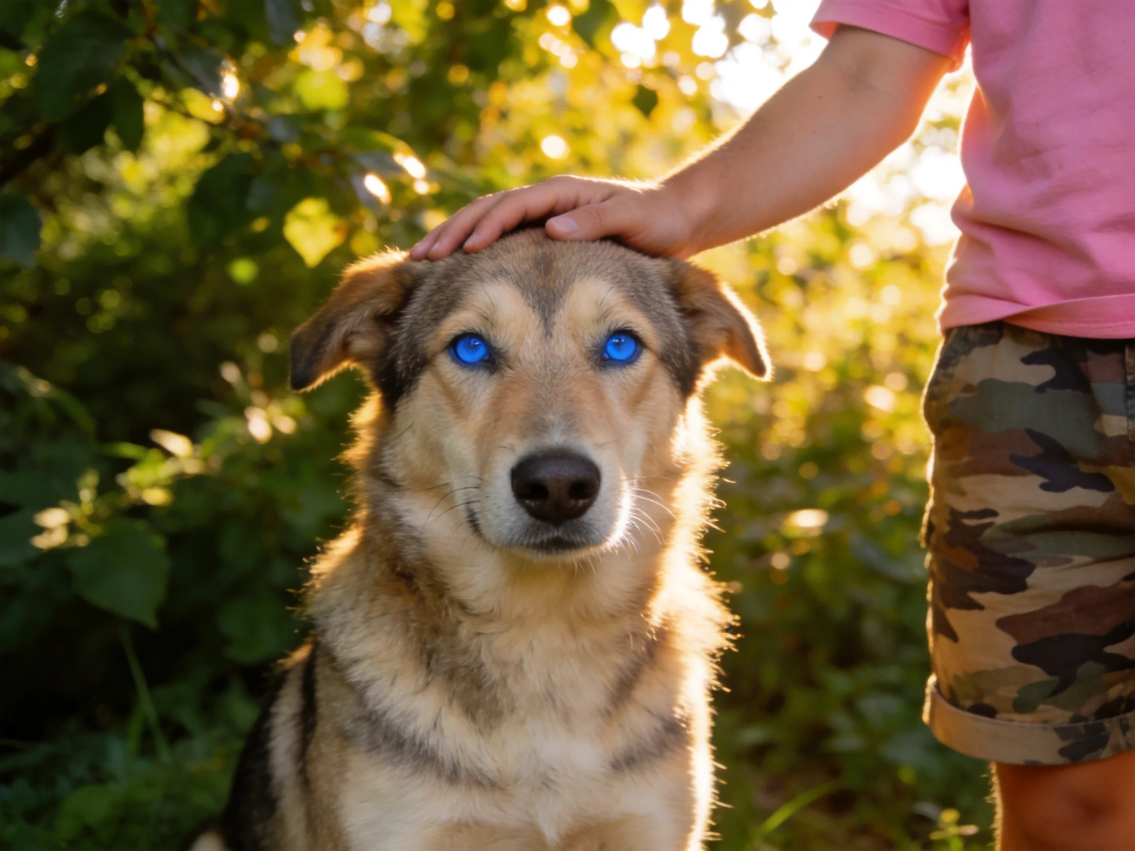 A dog with bright blue eyes is petted by a child amid an sunlit area with greenery.