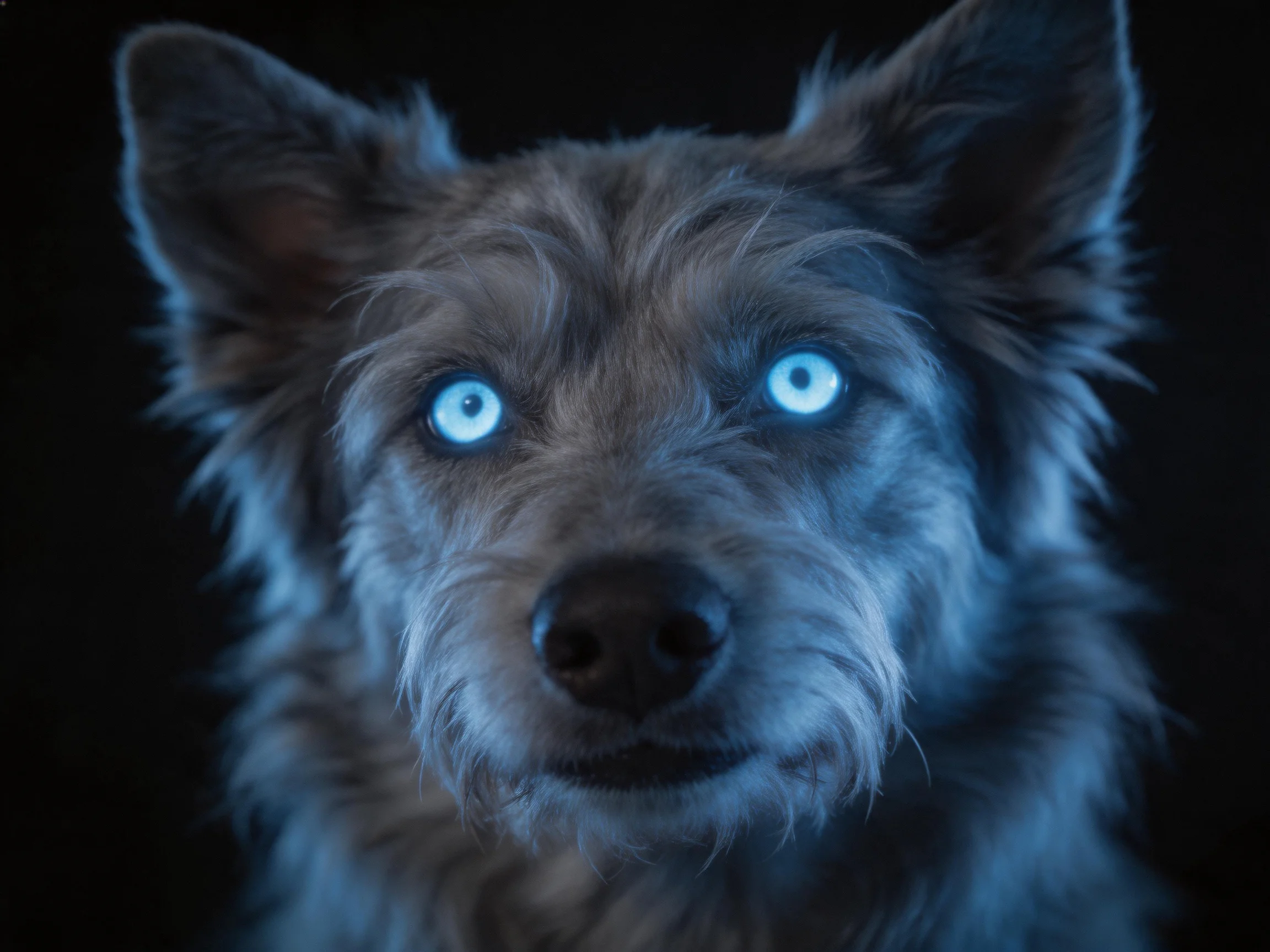 A dog with glowing blue eyes is photographed closely in darkness.