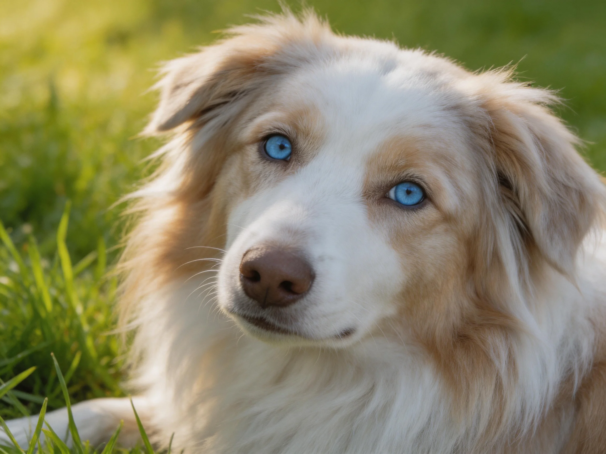 A dog with blue eyes relaxes peacefully among grass.