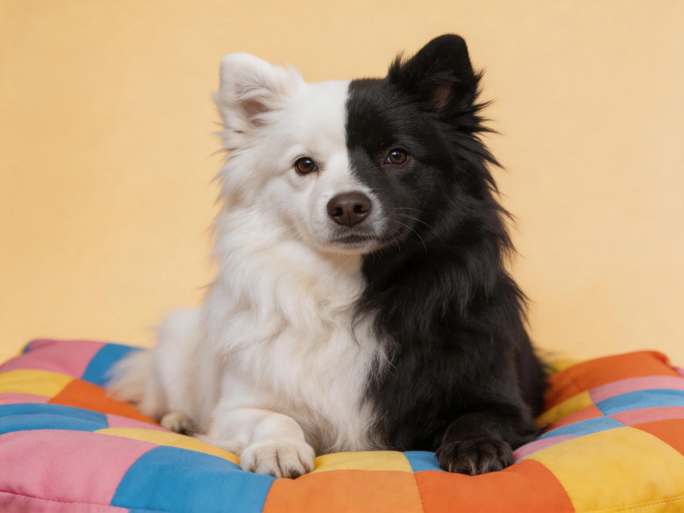 A dog with white and black fur sits on a colorful cushion