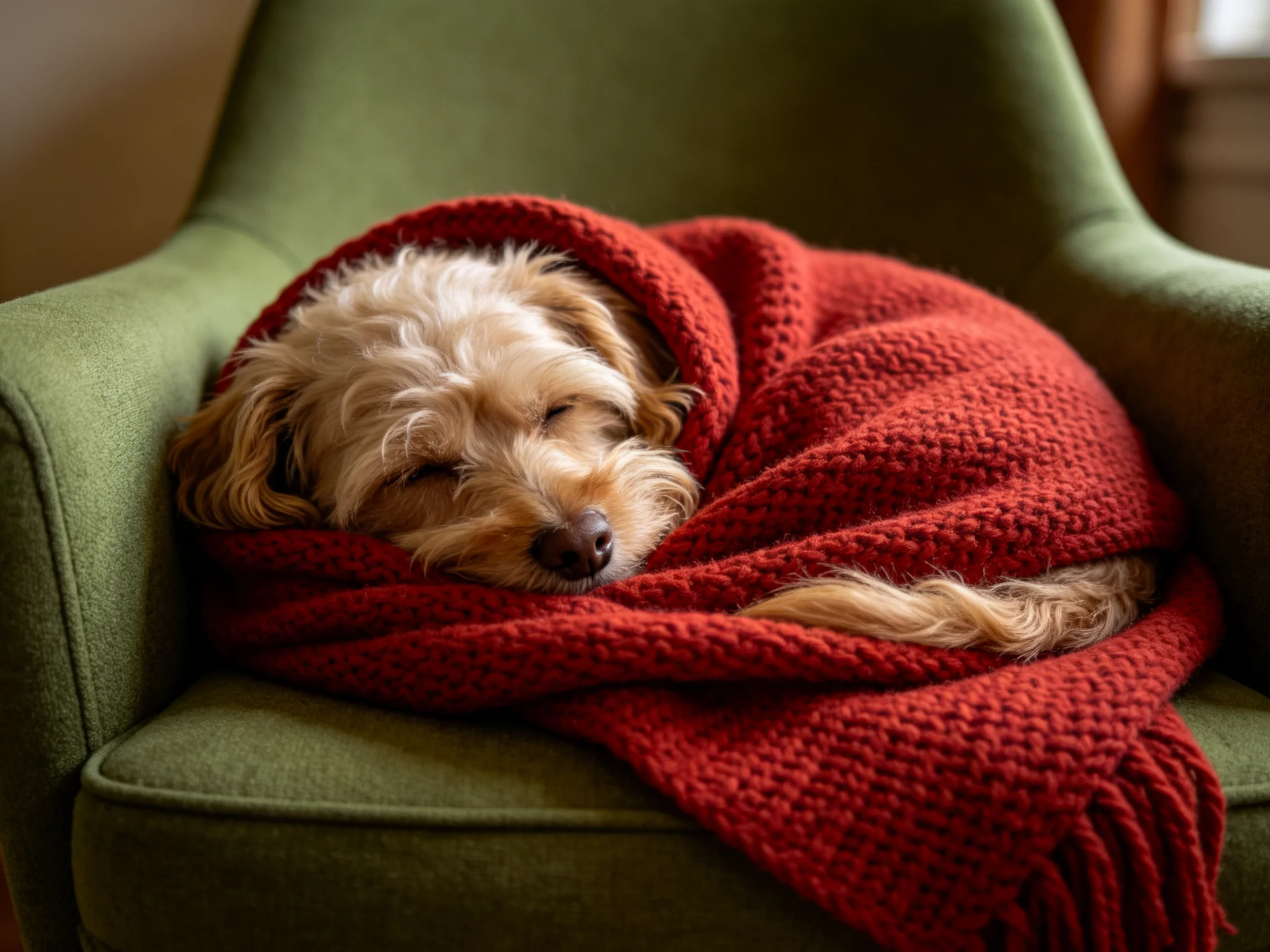 A dog wrapped in a rich red blanket rests on a sage green armchair
