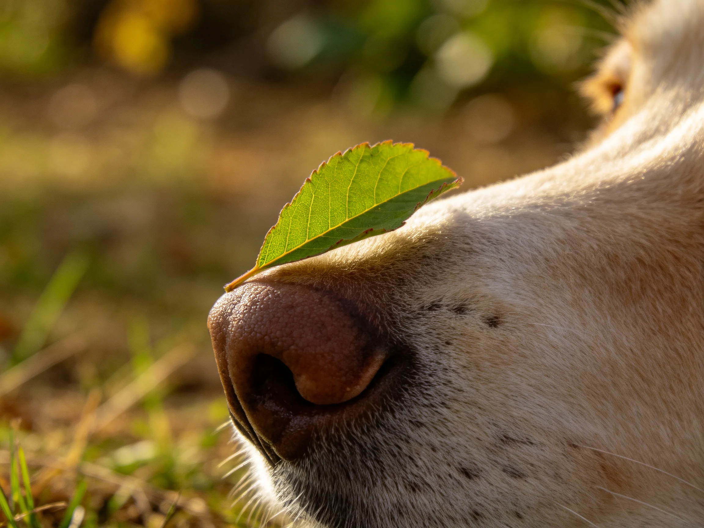 A dog’s brown nose with a green leaf resting on it outdoors
