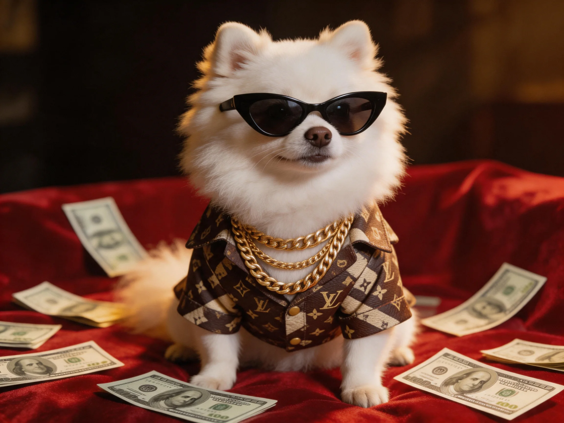 A fashionable white dog amid dollar bills on a red fabric
