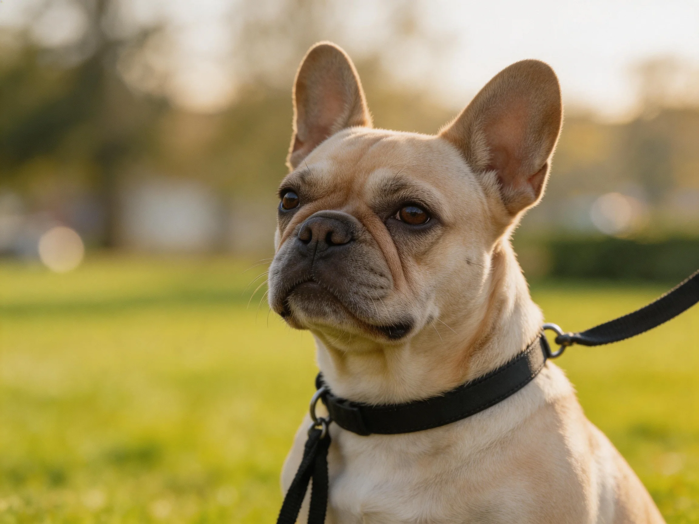 A fawn-colored French bulldog with a black collar in a sunlit park
