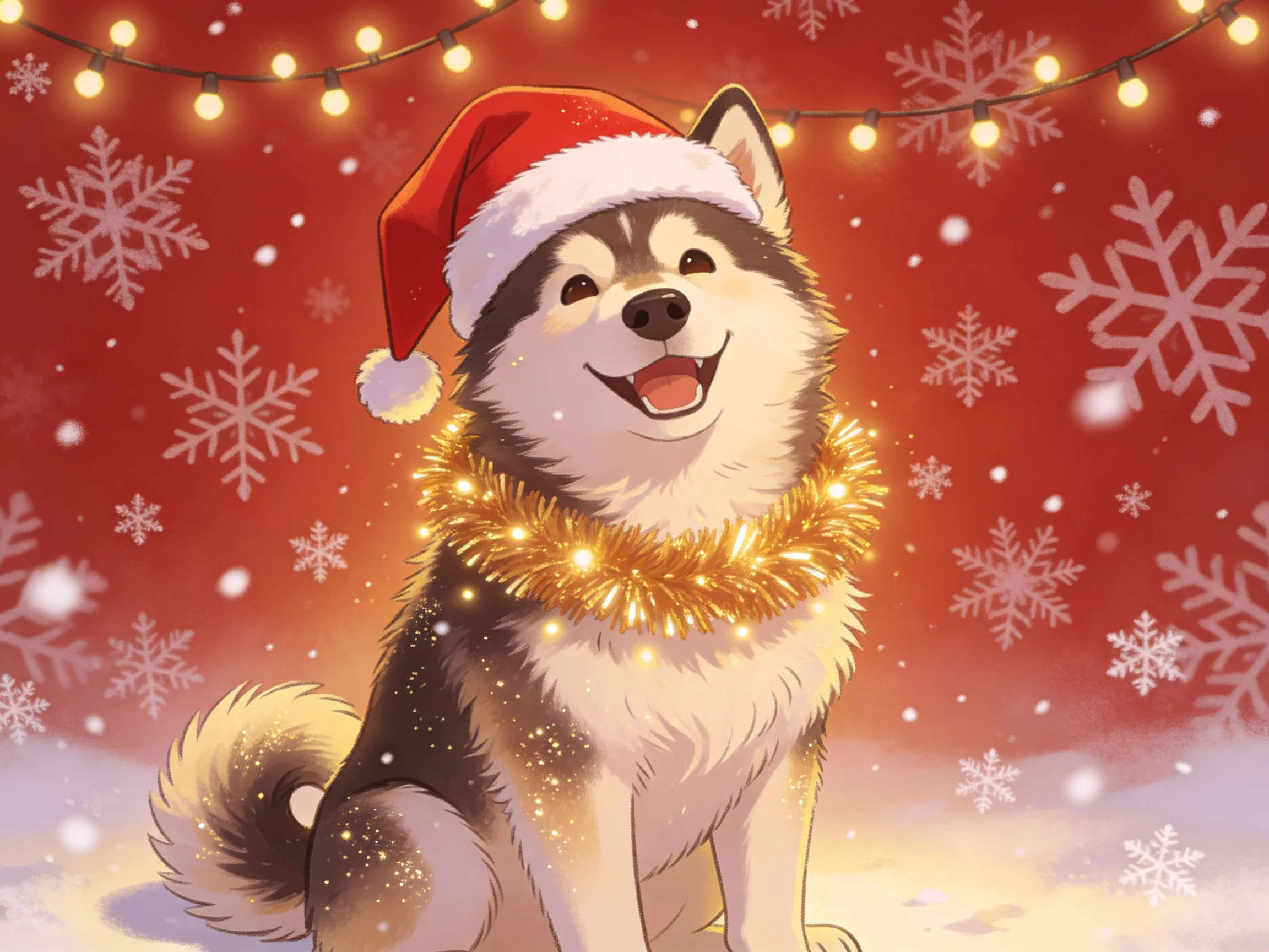 A festive dog in Santa hat with golden garland, red snowy backdrop
