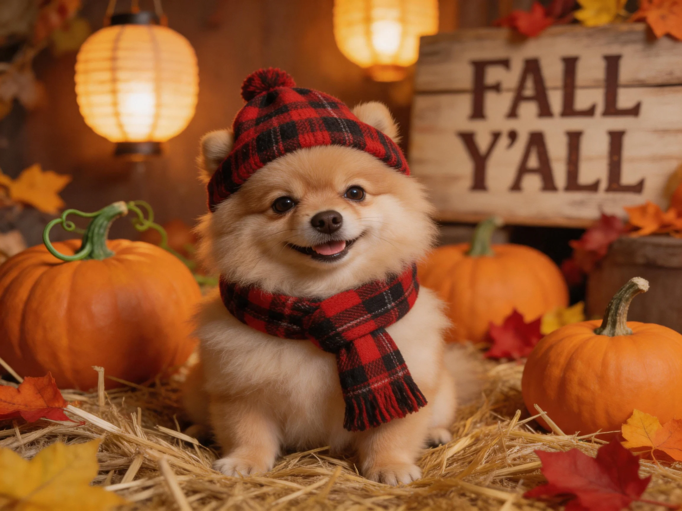 A fluffy Pomeranian in plaid attire among autumn pumpkins