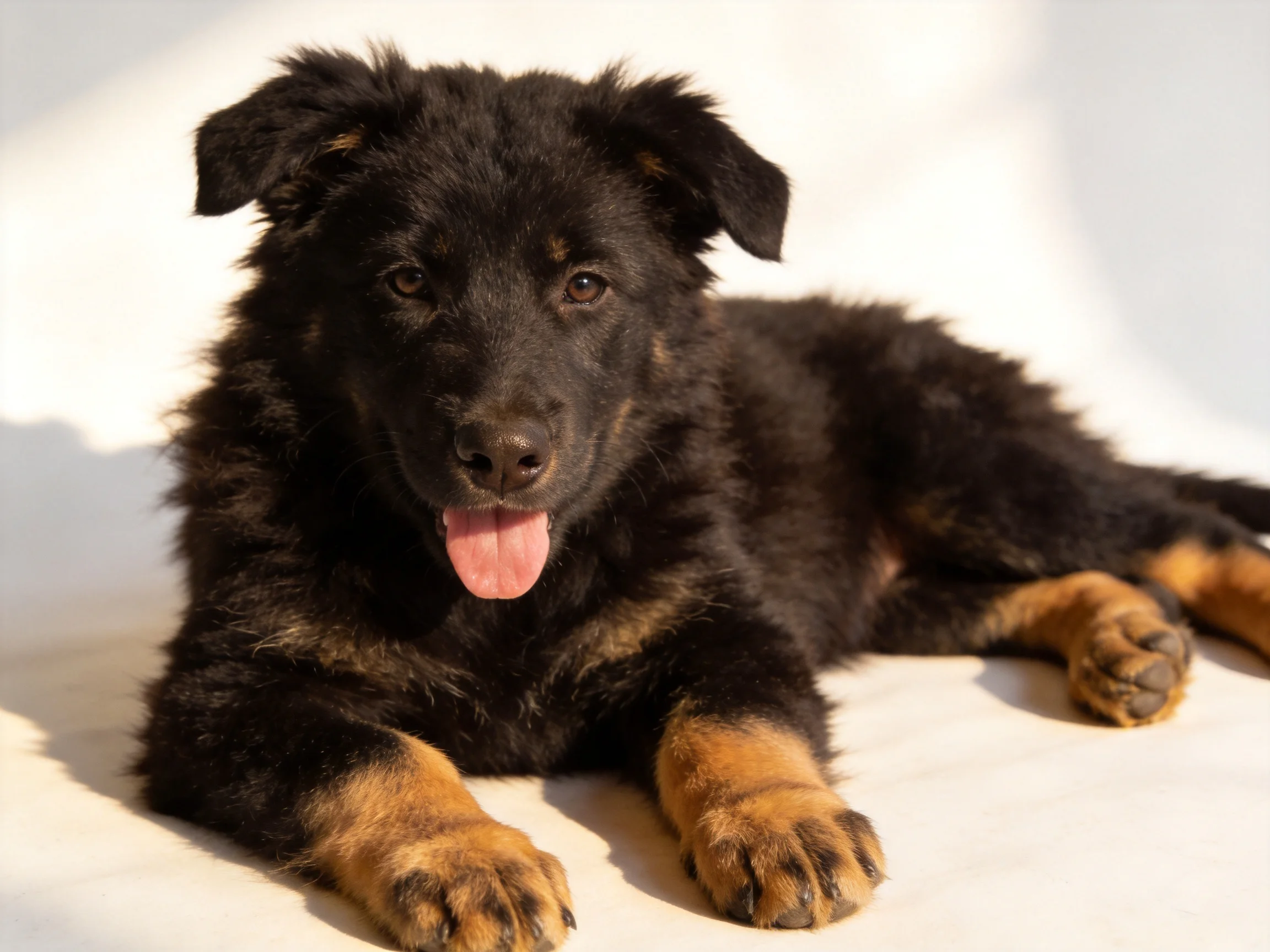 A fluffy black and tan puppy lounging on a bright white surface