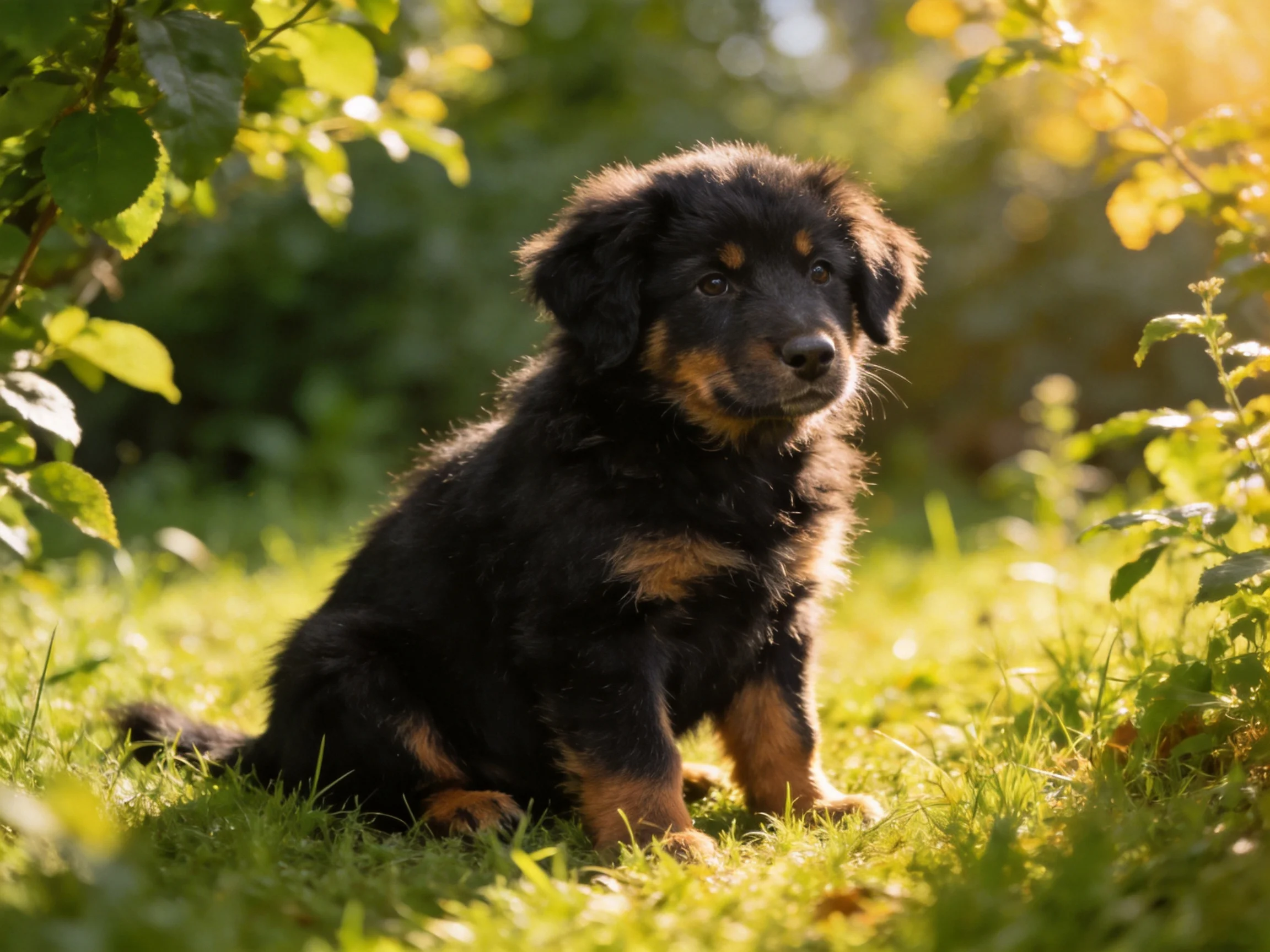 A young black and tan puppy sits calmly in a sunlit grassy area surrounded by foliage.