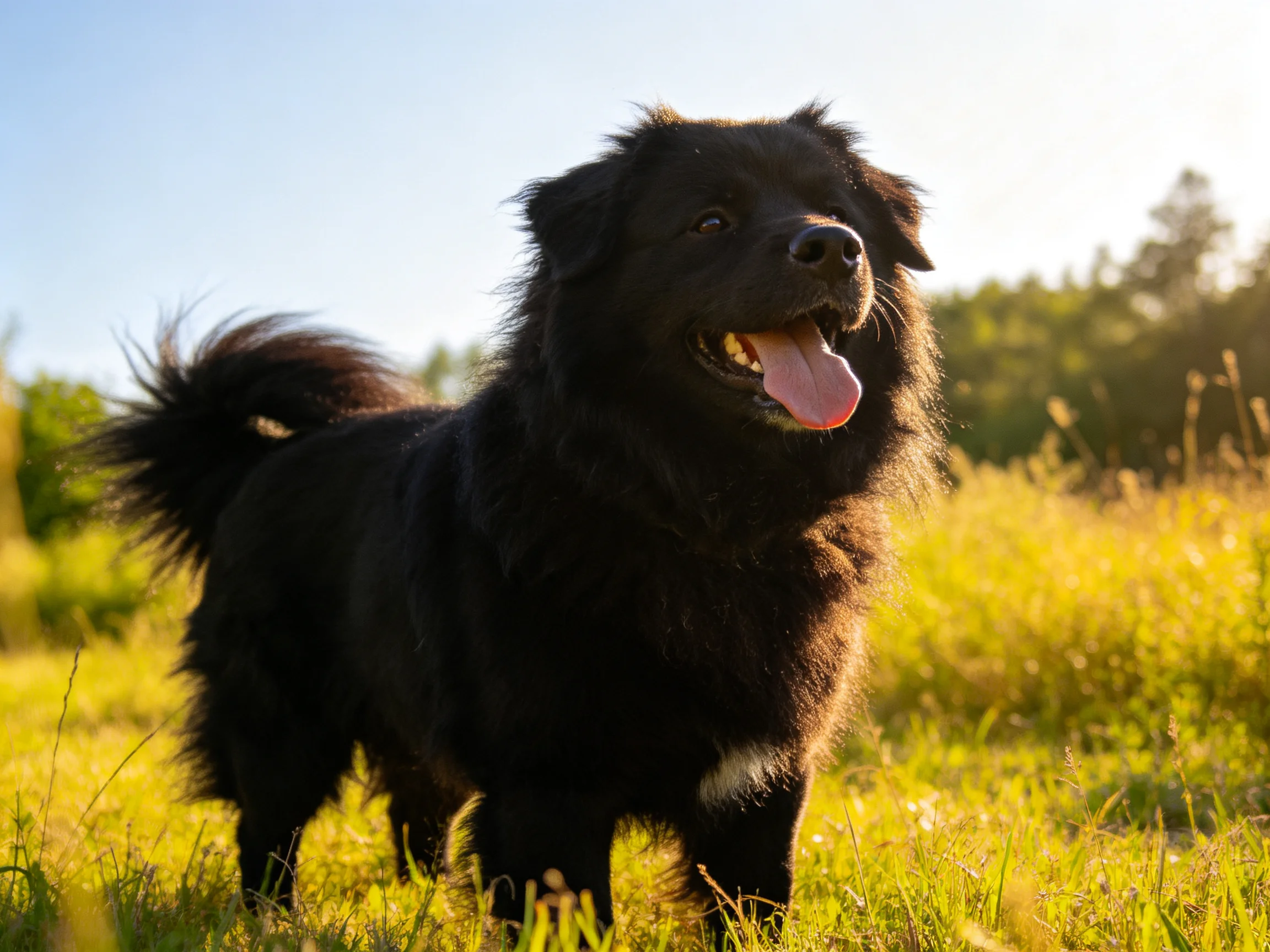 A happy black dog enjoys the sunshine in tall grass.