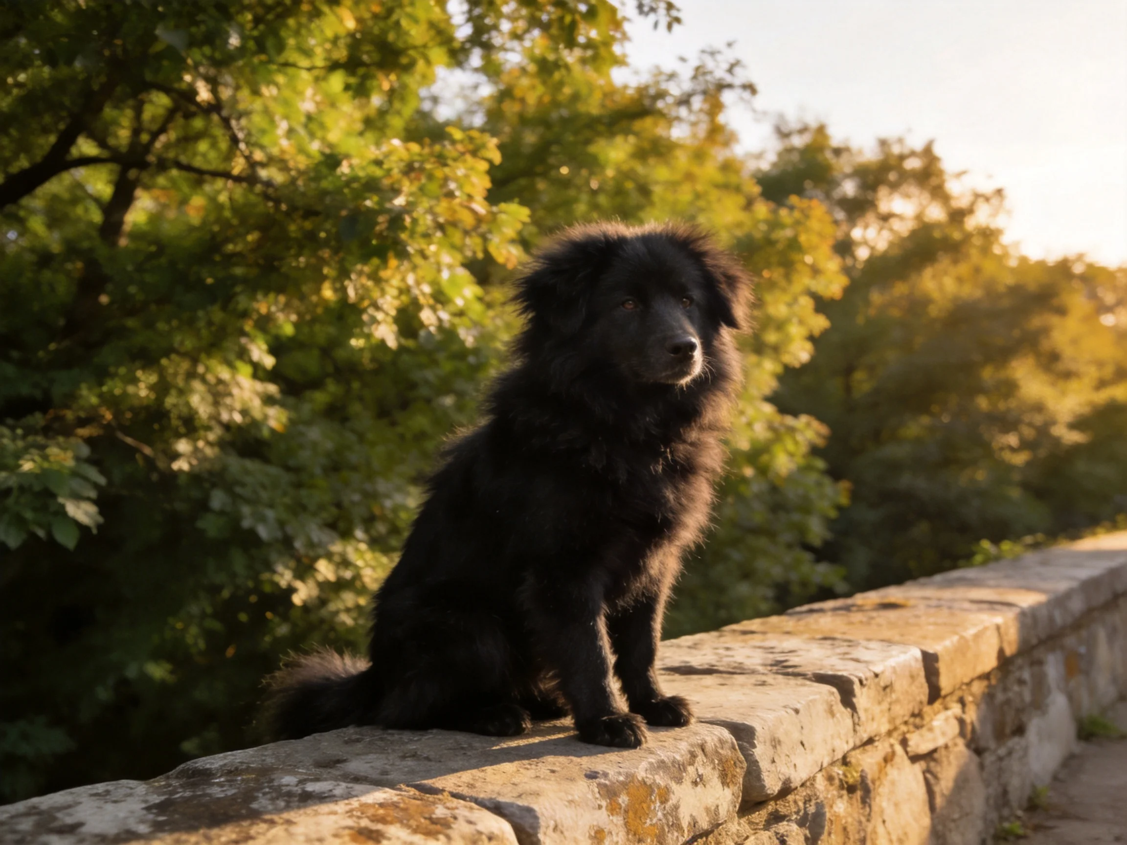 A fluffy black dog sits atop an aged stone wall near lush green trees