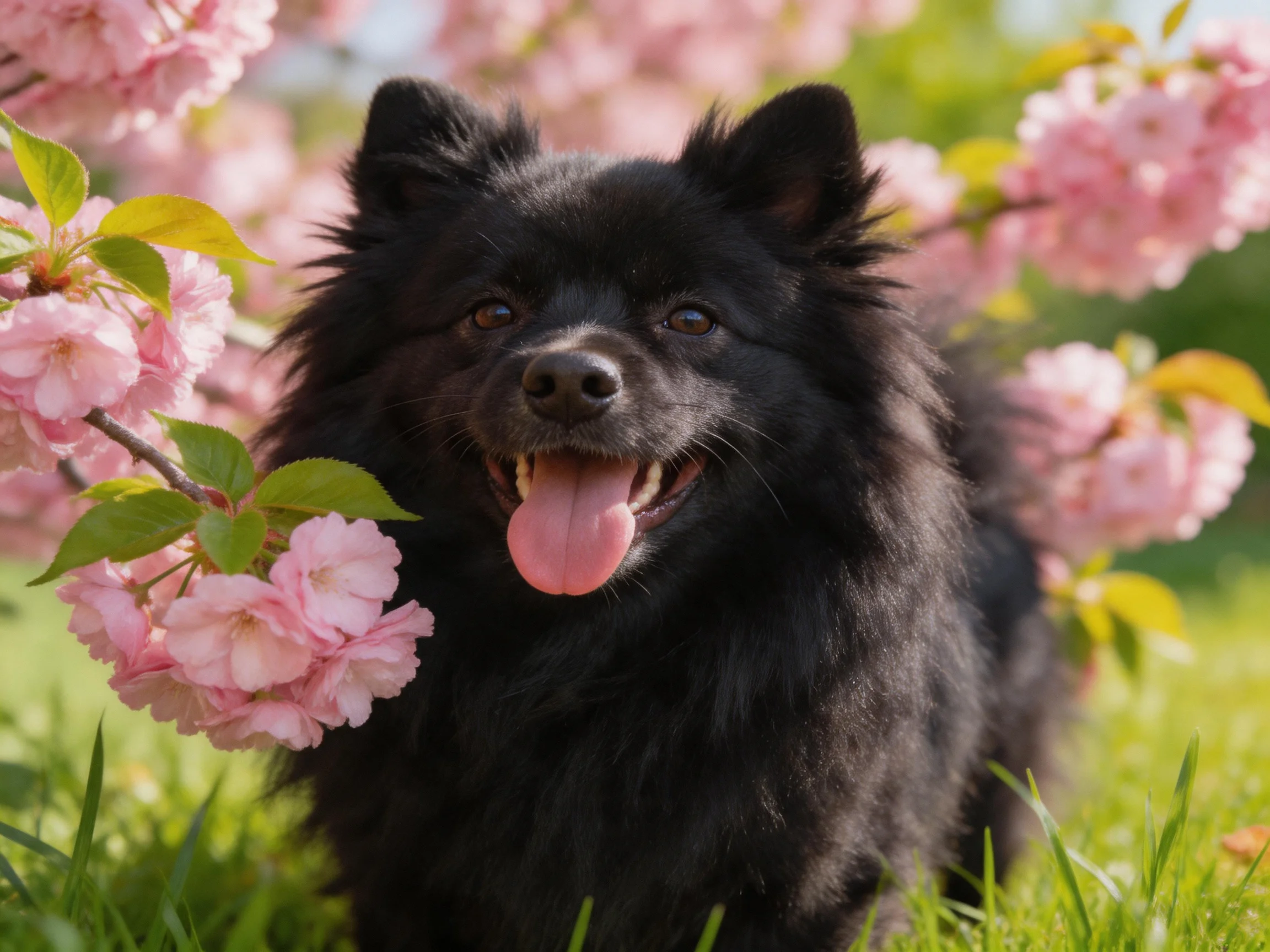 A black dog enjoys the outdoors near blooming pink flowers.