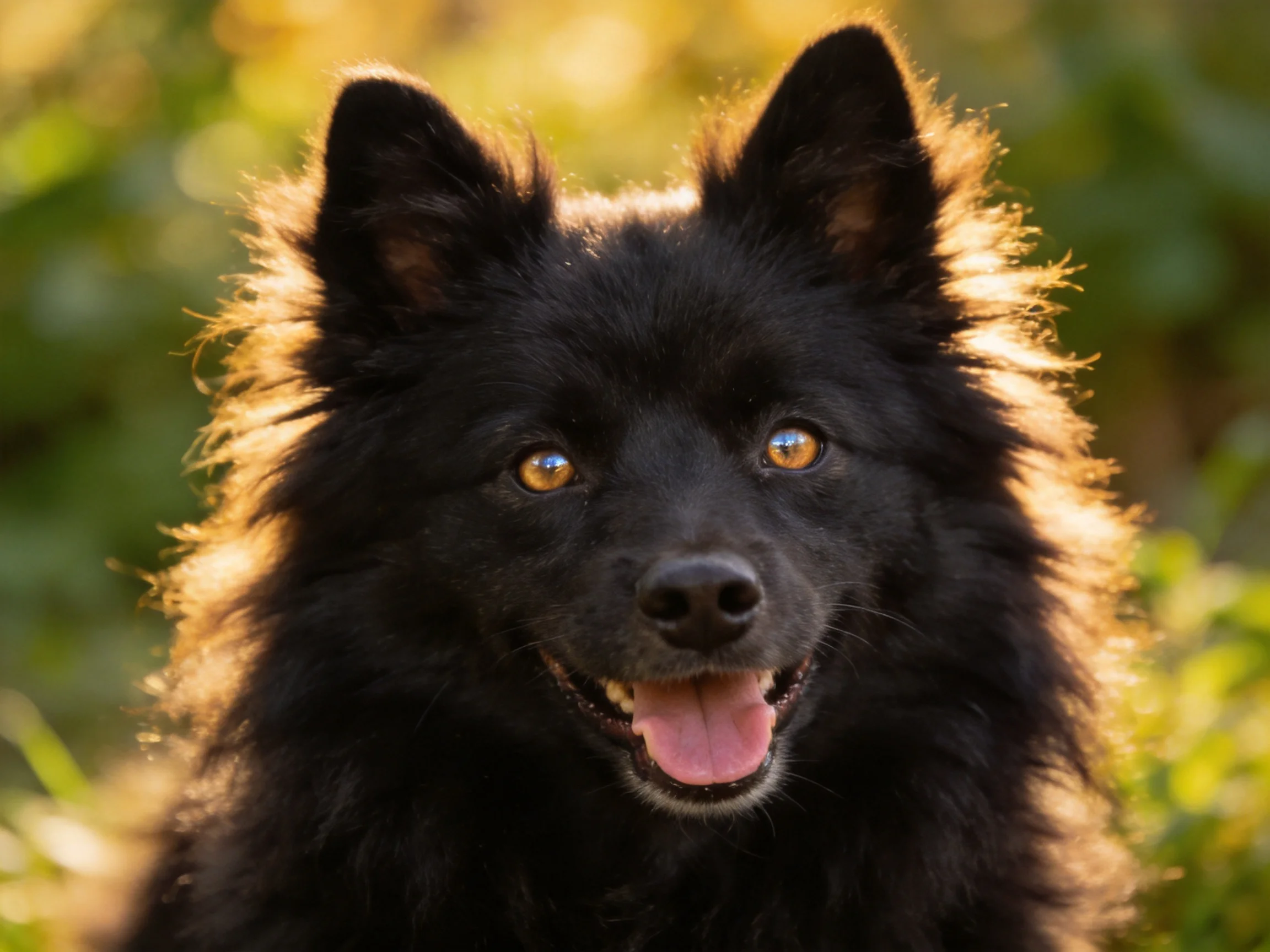 A fluffy black dog with golden eyes is in a sunlit outdoor area.