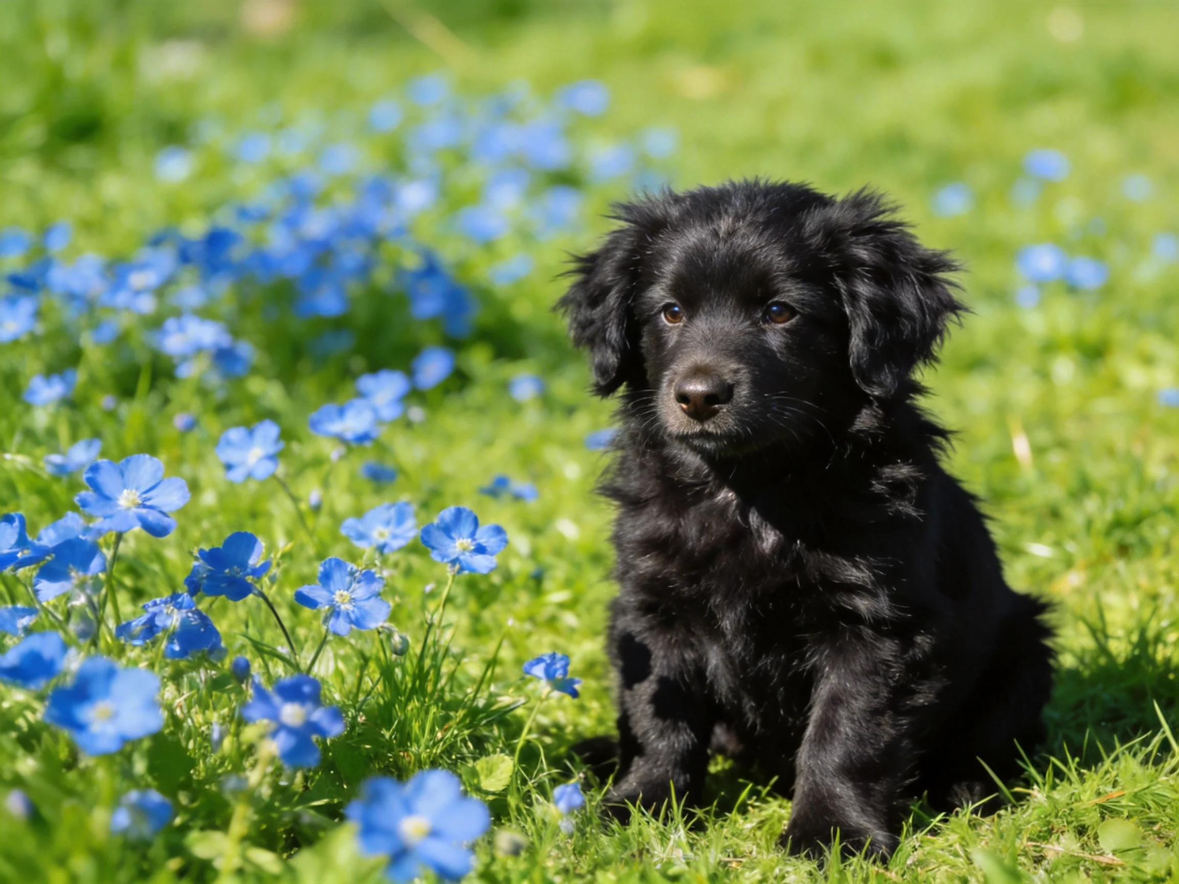 A fluffy black puppy sits among blue flowers and green grass in a sunny meadow.