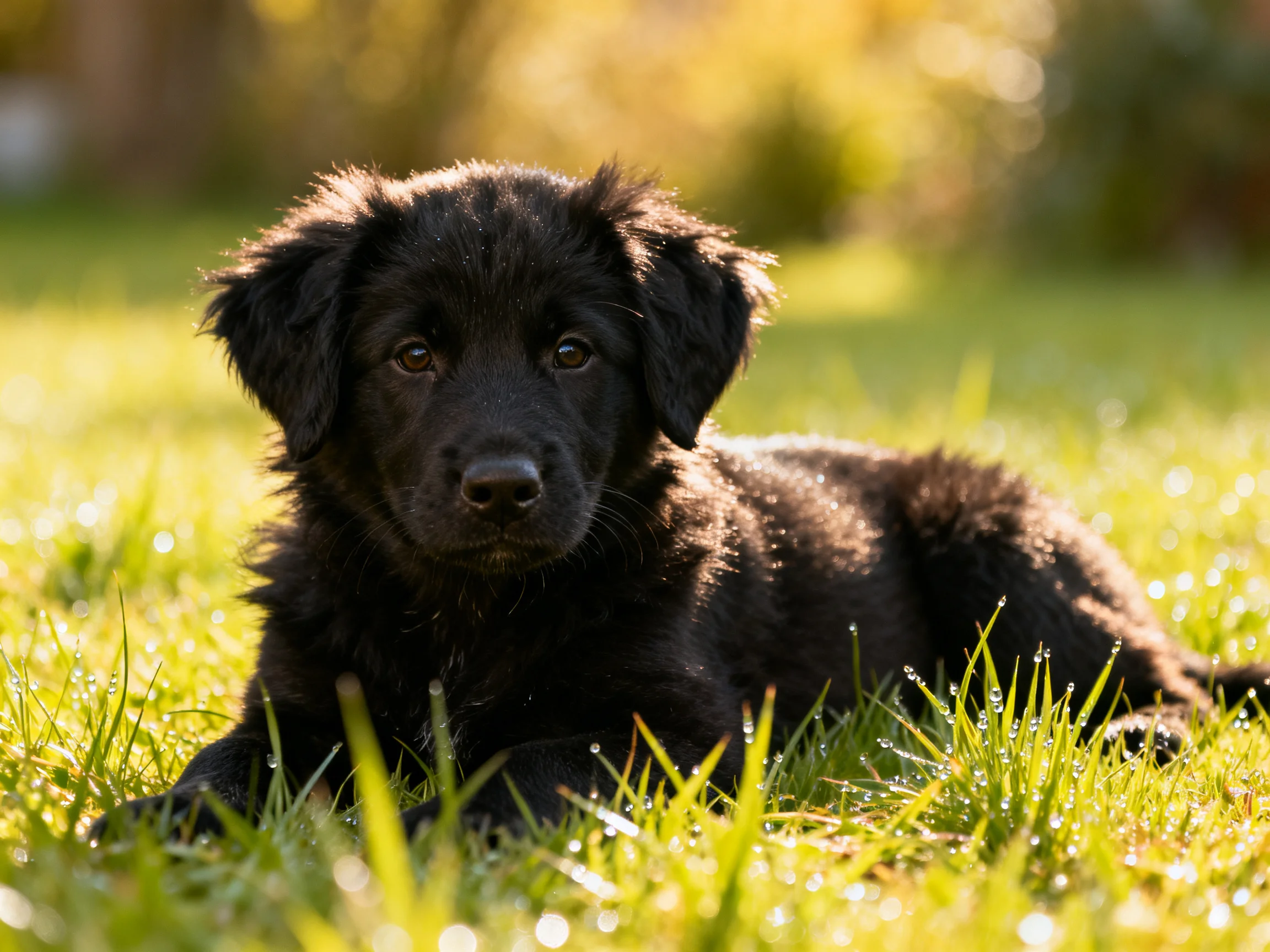 A fluffy black puppy resting on dewy green grass in sunlight
