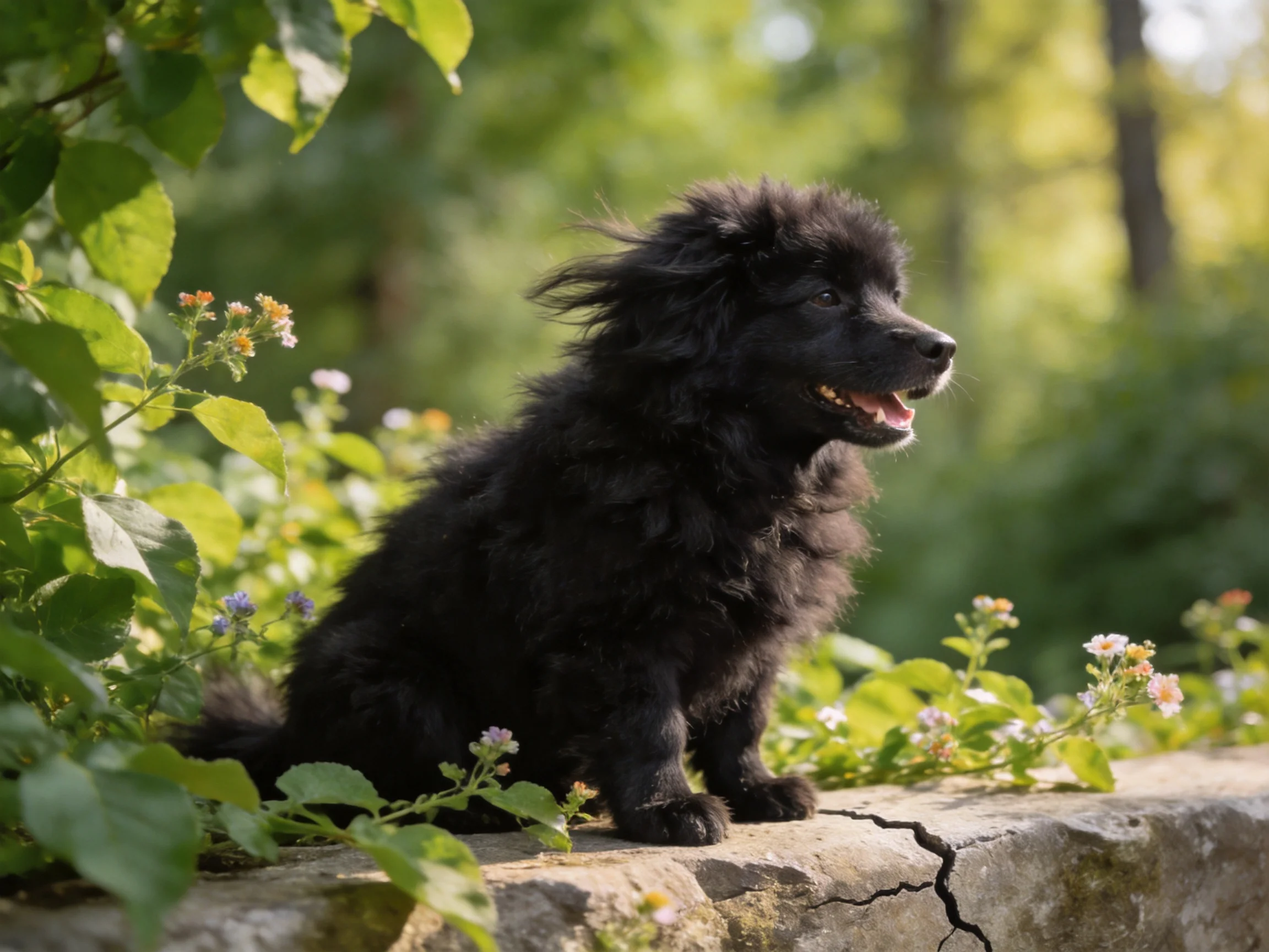 A black puppy sits on a stone ledge surrounded by greenery and flowers.