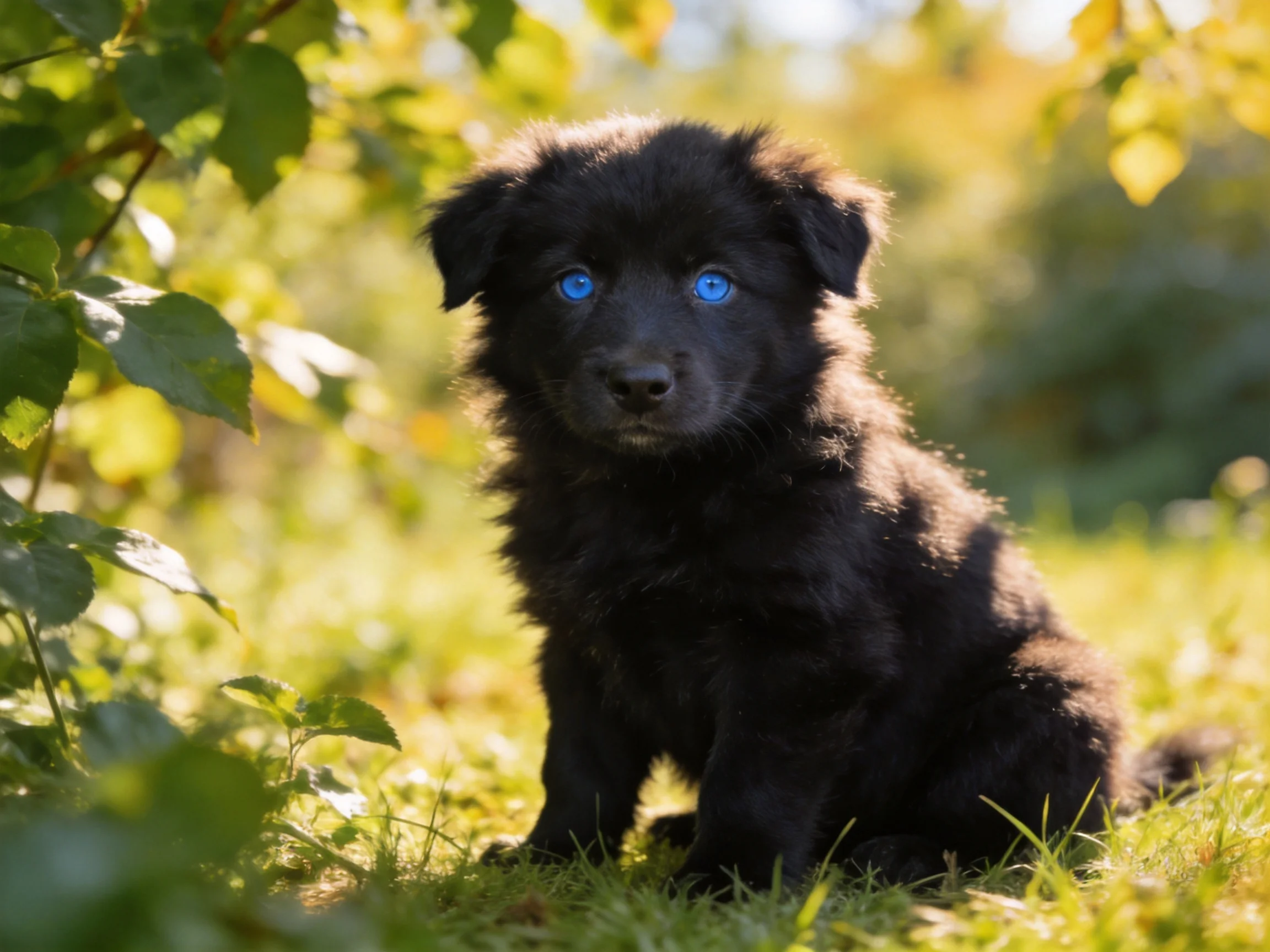 A black puppy with blue eyes sits peacefully in a sunlit, leafy area.