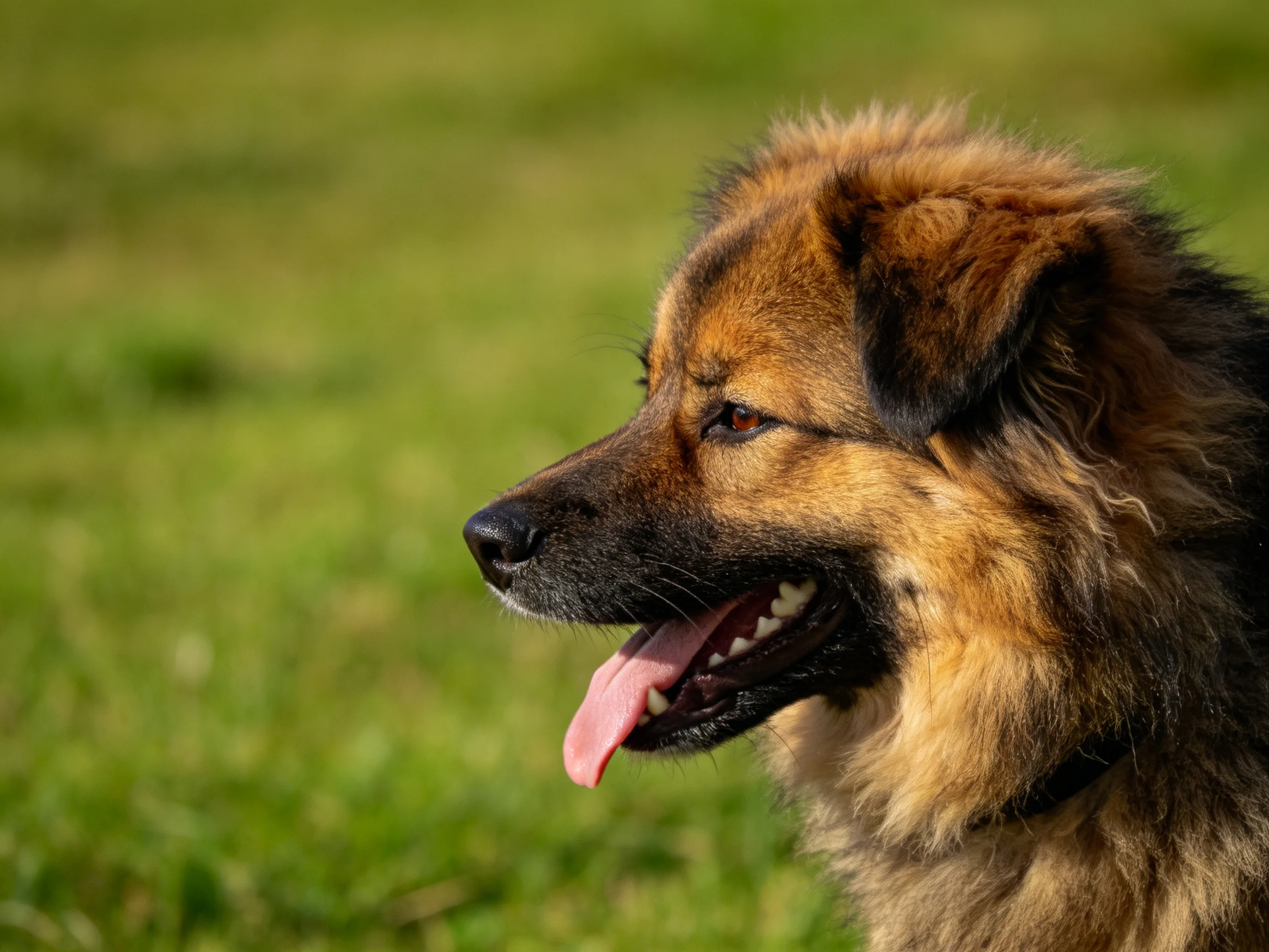 A fluffy brown and black dog panting in a sunlit green meadow