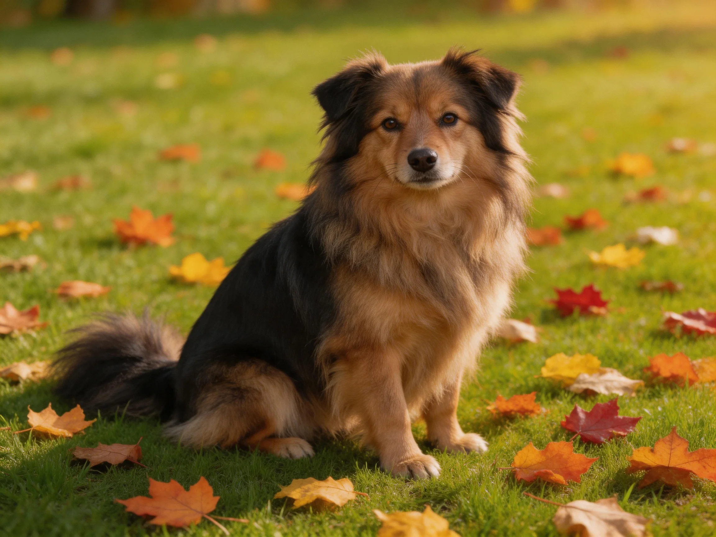 A dog sits calmly amid scattered autumn leaves on a grassy field.