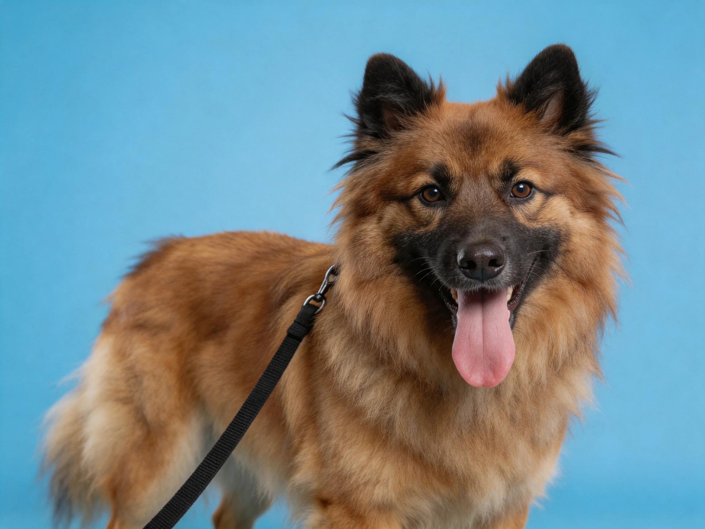 A brown and black fluffy dog stands leashed against a blue background.
