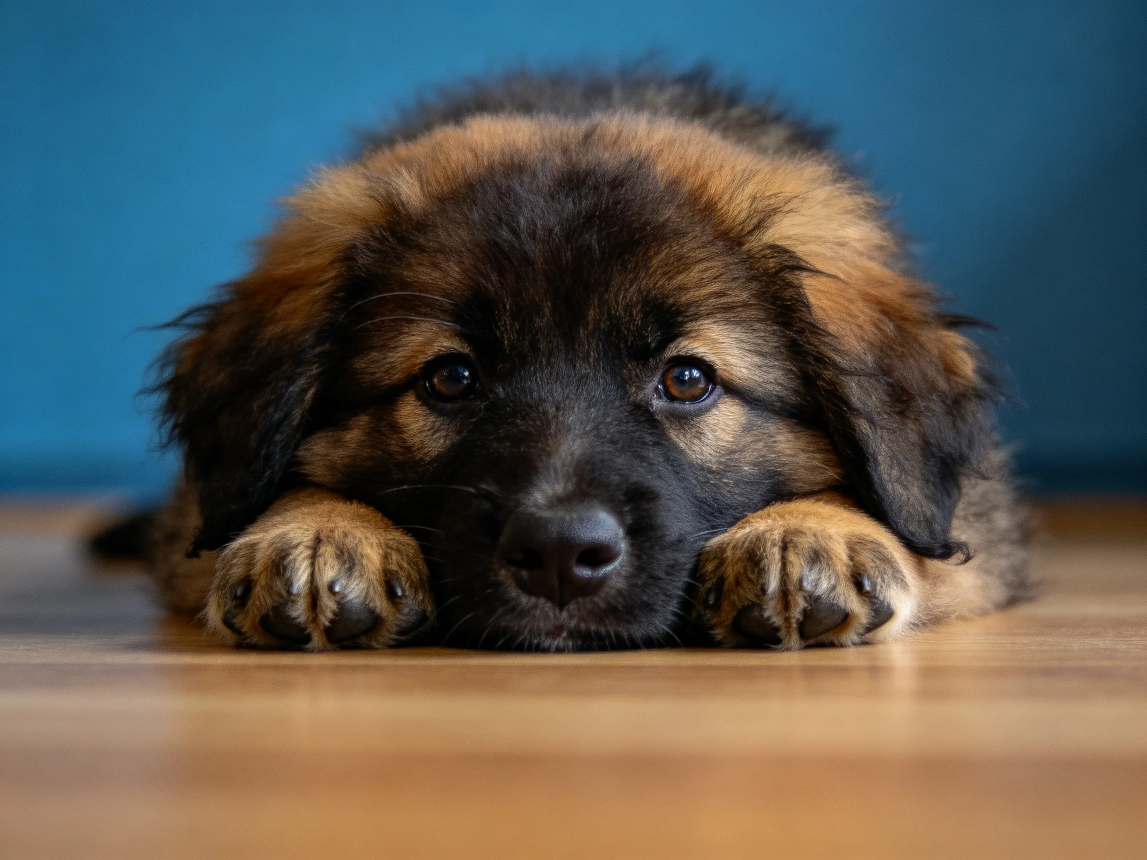 A brown and black puppy rests its paws on a wooden floor.