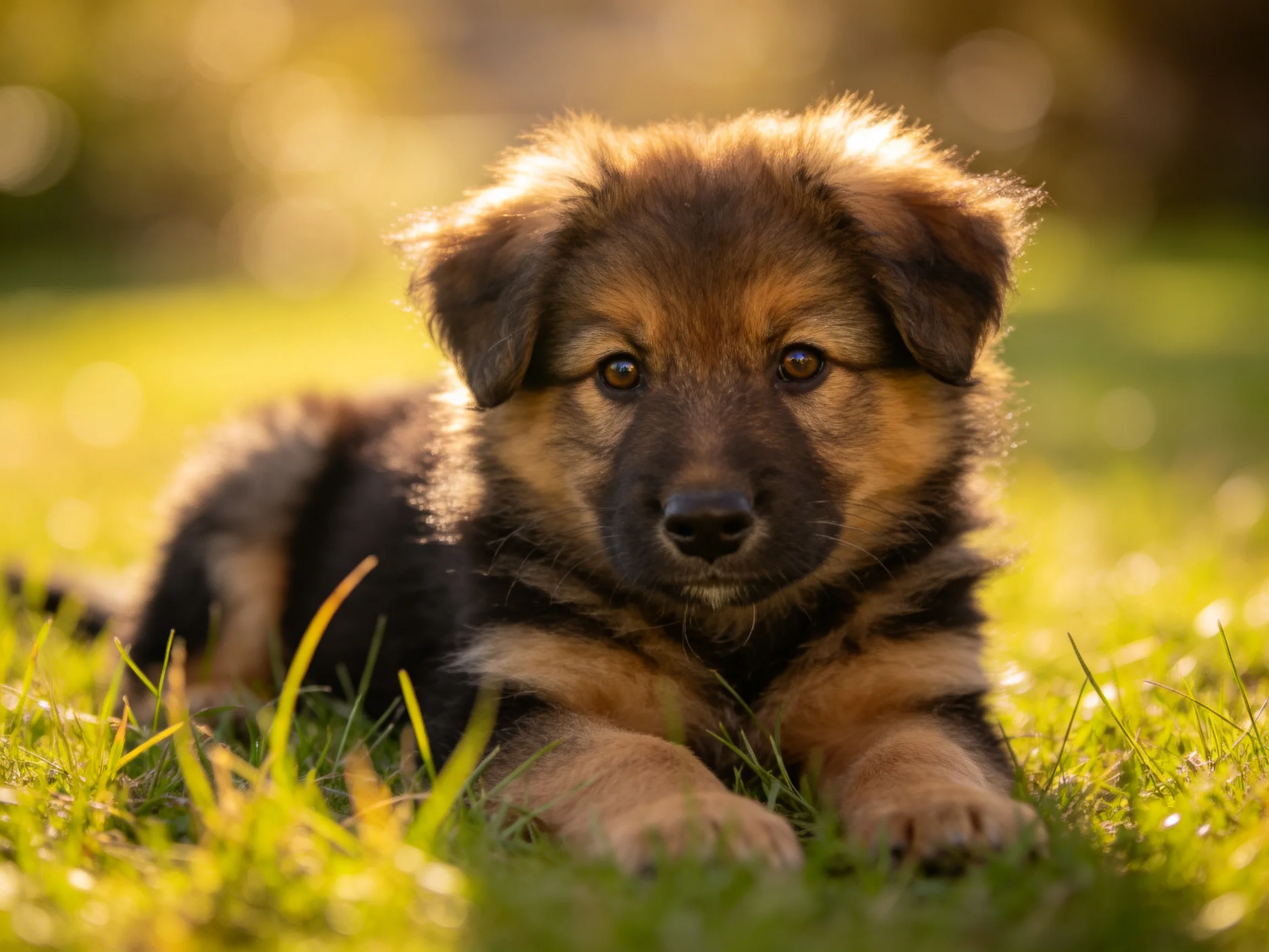 A young brown-and-black puppy rests on lush green grass.