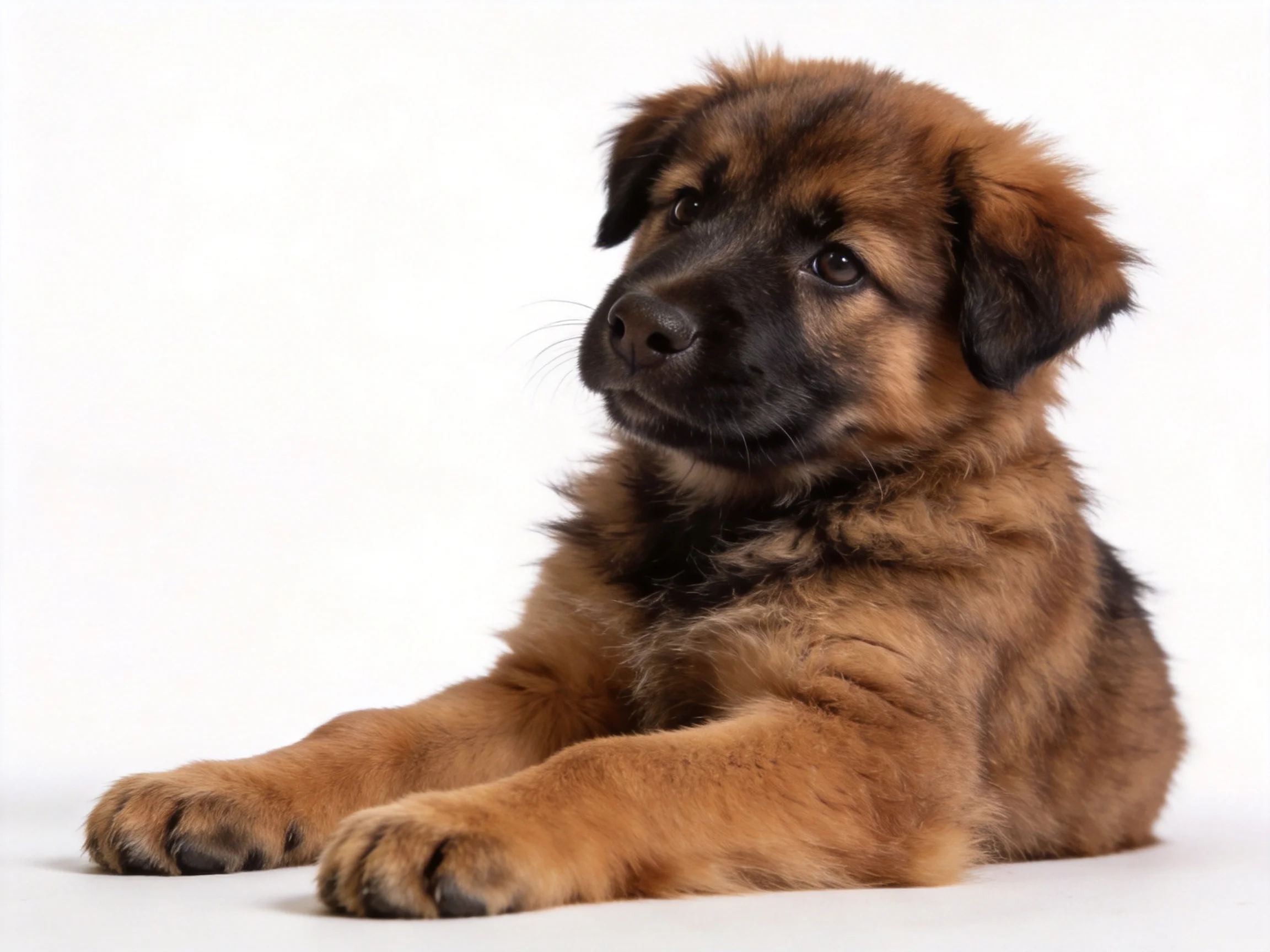 A young brown and black puppy lies calmly on a white surface.