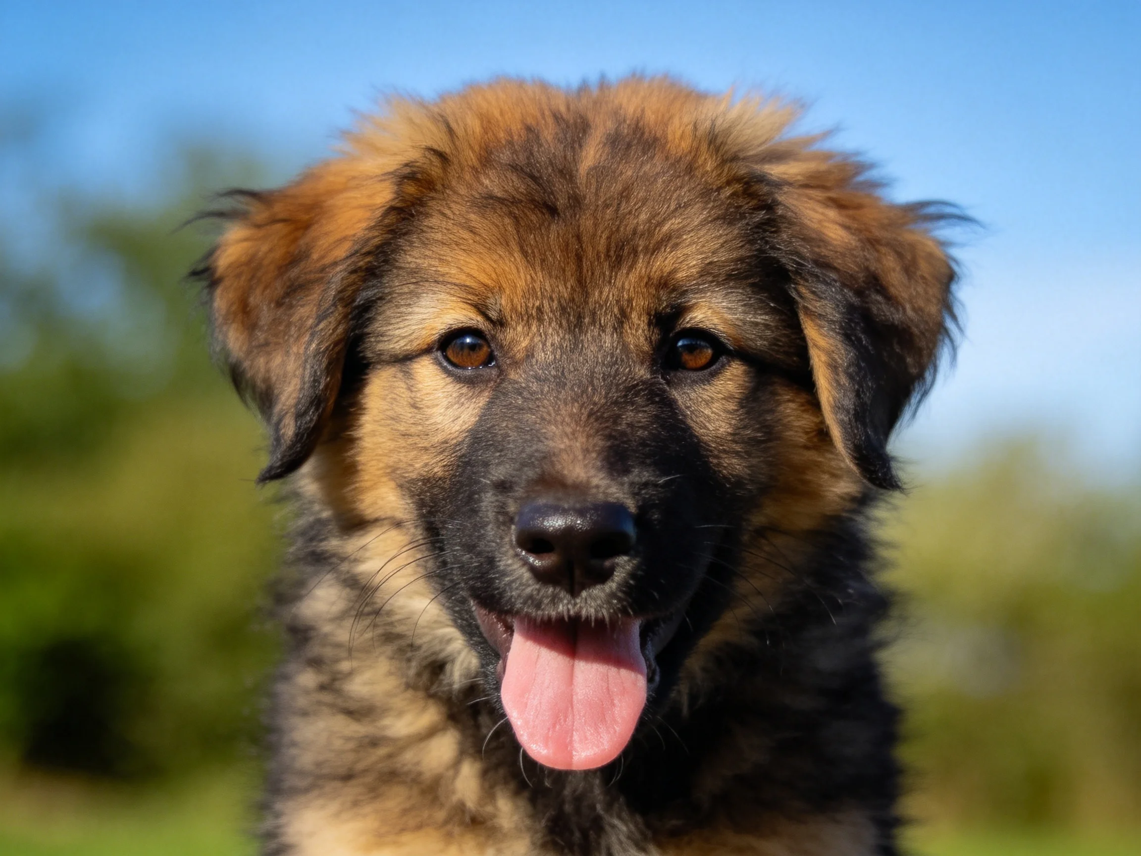 A cheerful brown and black puppy enjoys the outdoors with its tongue out.