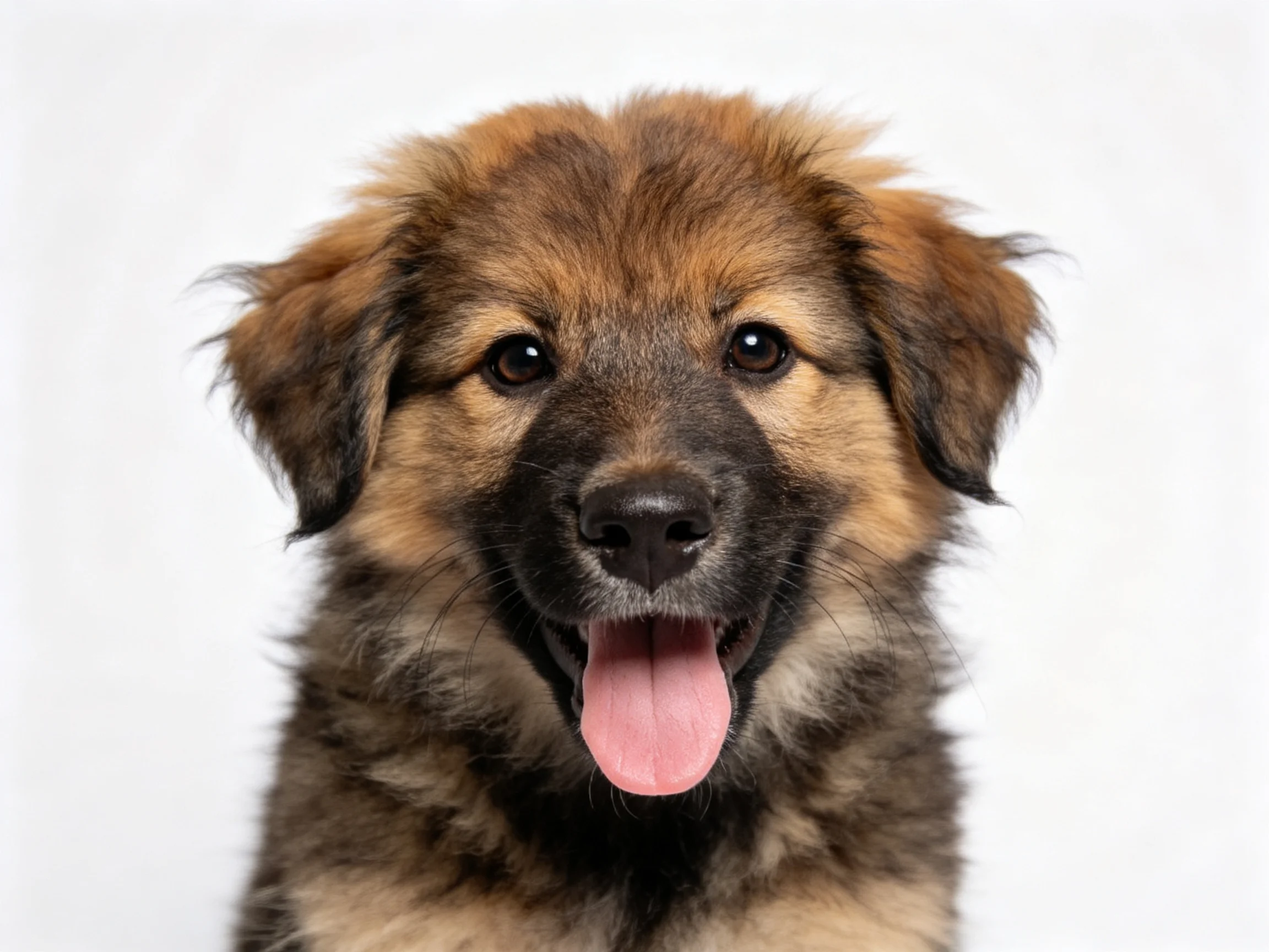 A close - up of a cheerful puppy with tongue extended on a white backdrop.