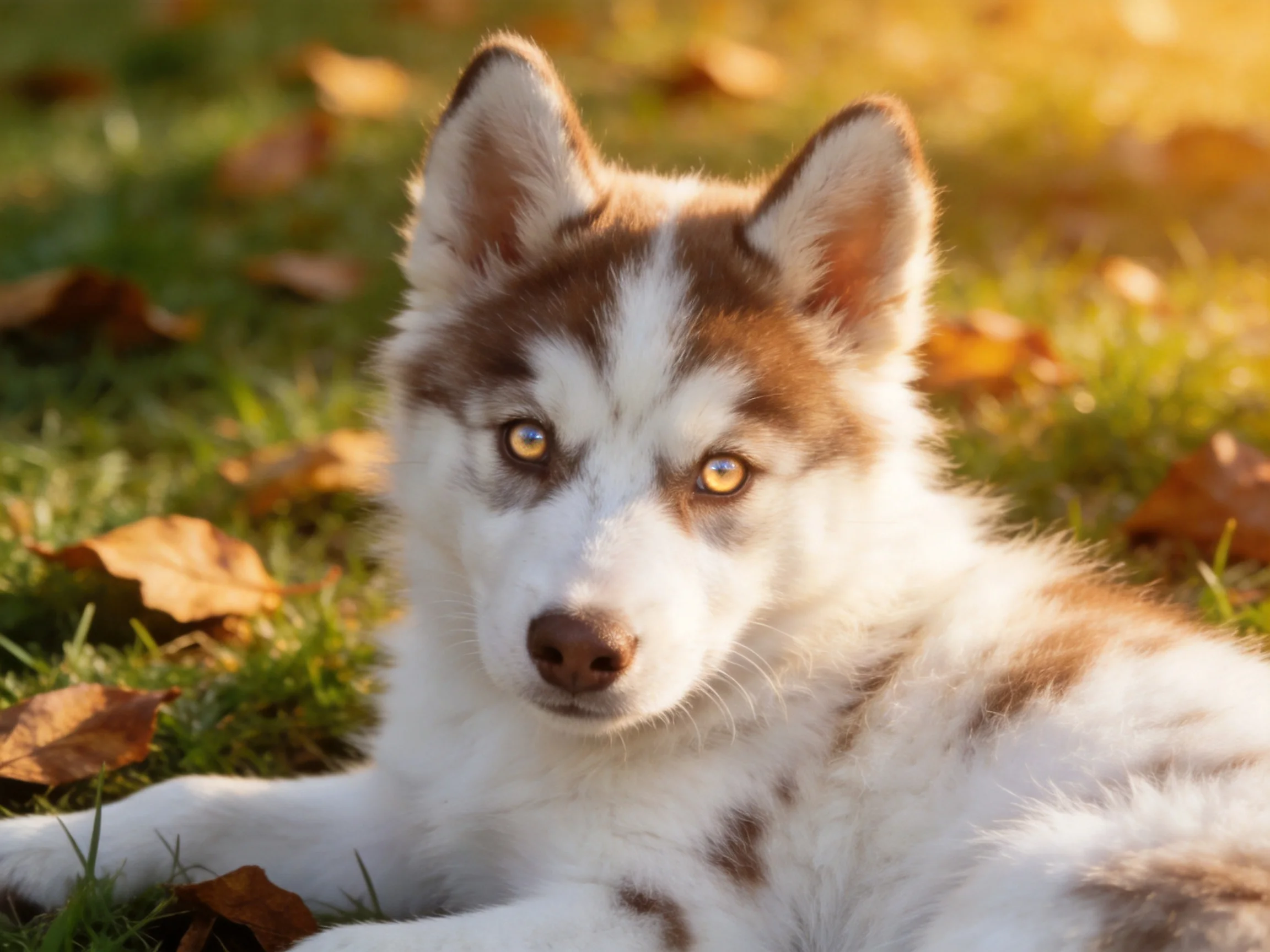 A brown-and-white puppy rests on grass with autumn leaves around it in warm sunlight.