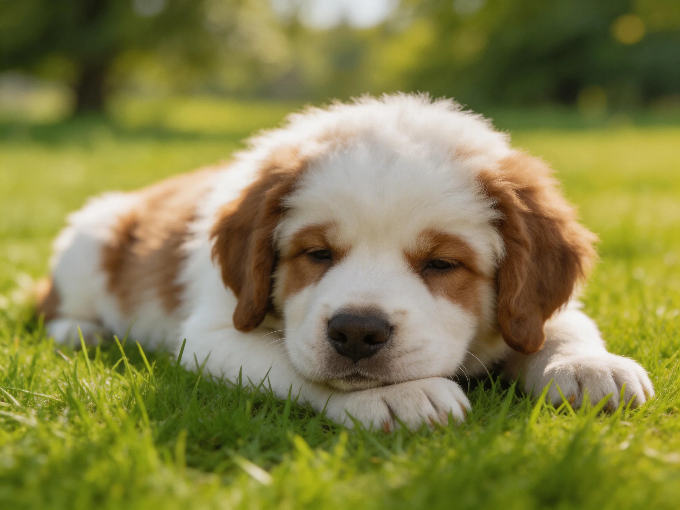 A brown-and-white puppy rests on green grass in a sunlit outdoor setting.