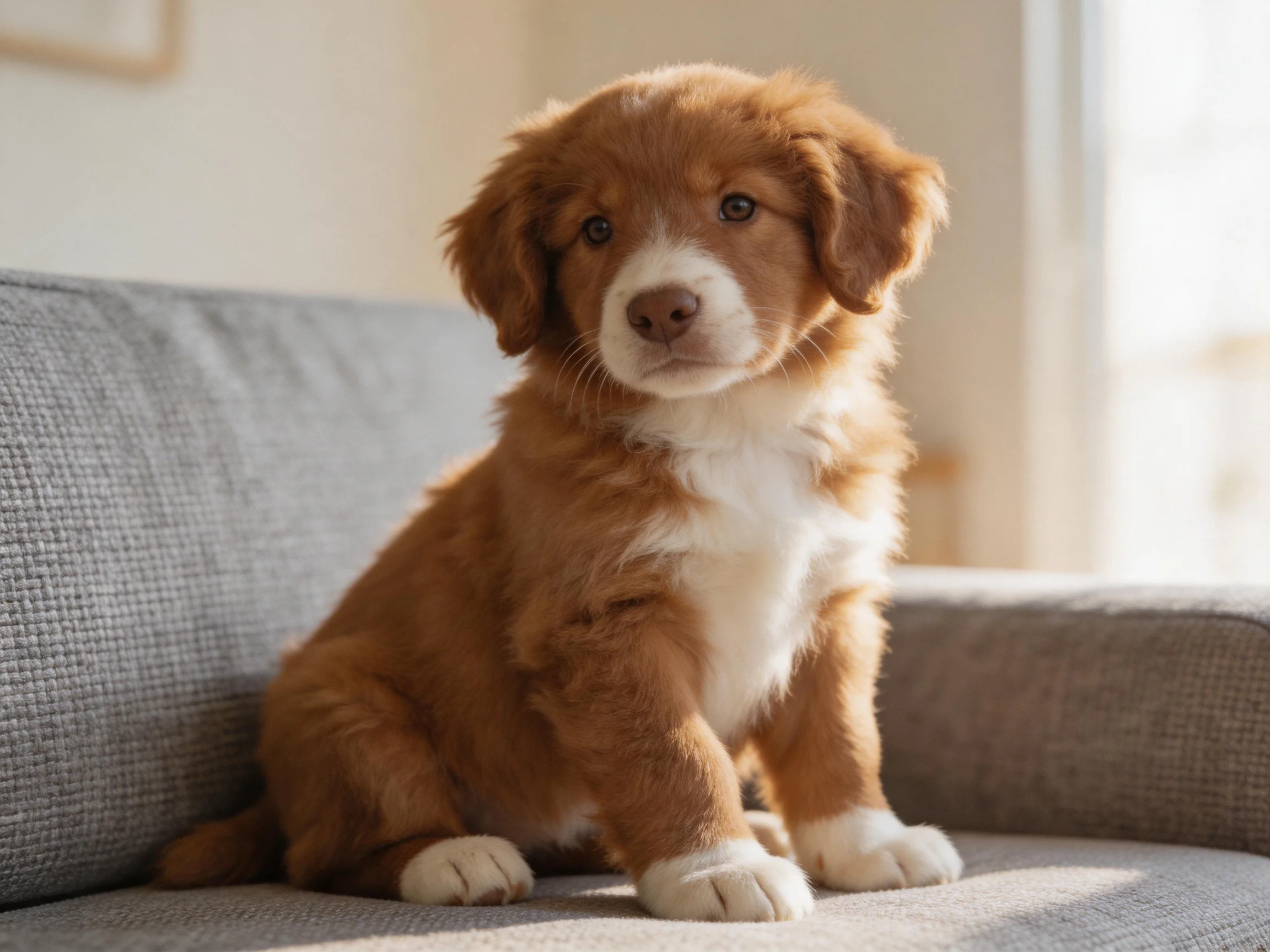 A brown and white puppy sits calmly on a gray couch in a bright room.