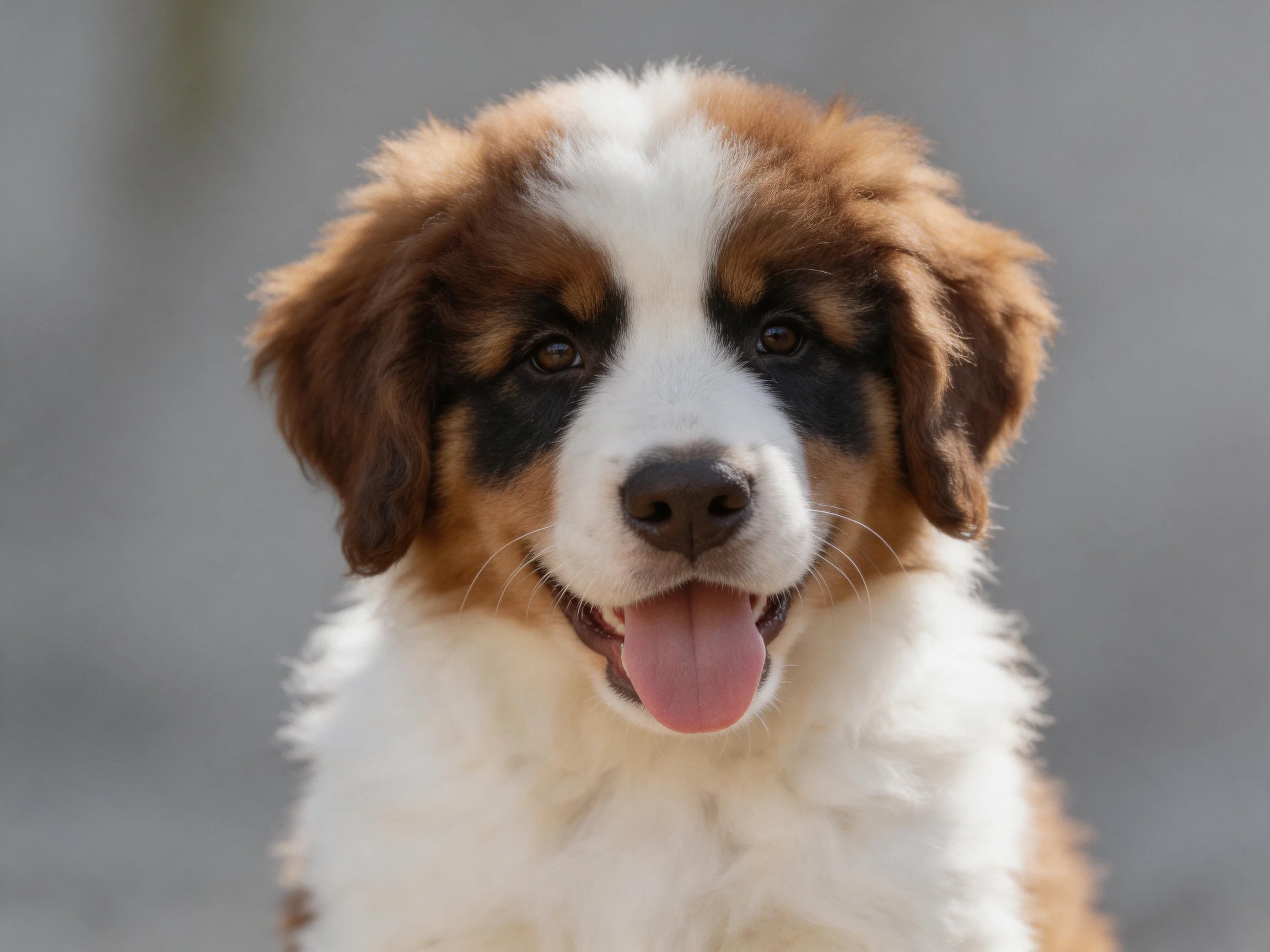 A fluffy brown and white puppy with dark facial markings.
