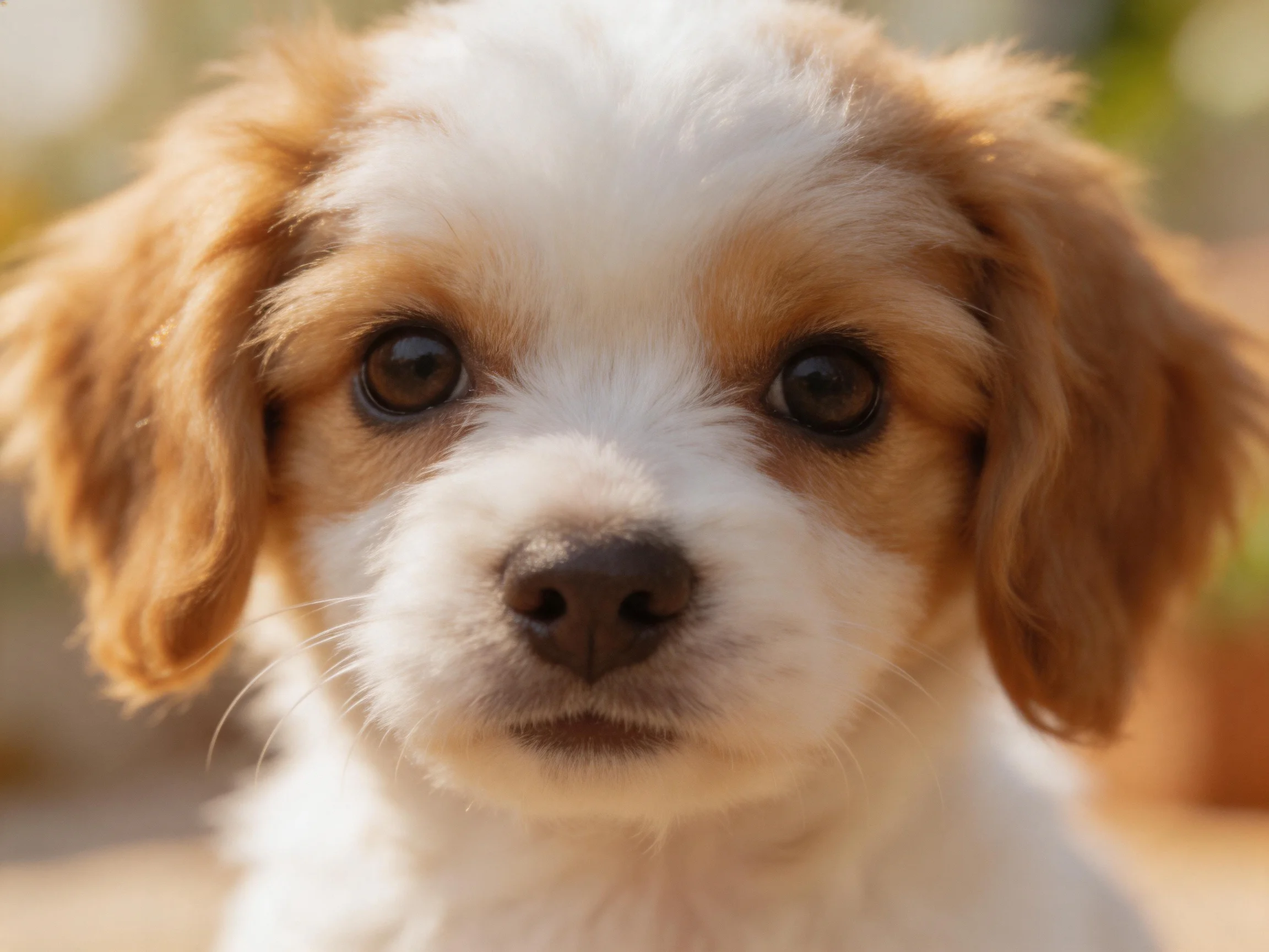 A close-up of a brown-and-white puppy with large dark eyes in soft light.