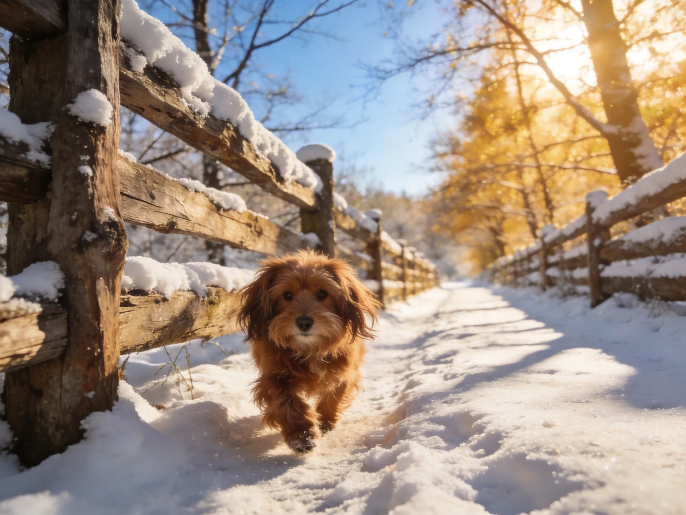 A fluffy brown dog runs along a snow - lined wooden fence path